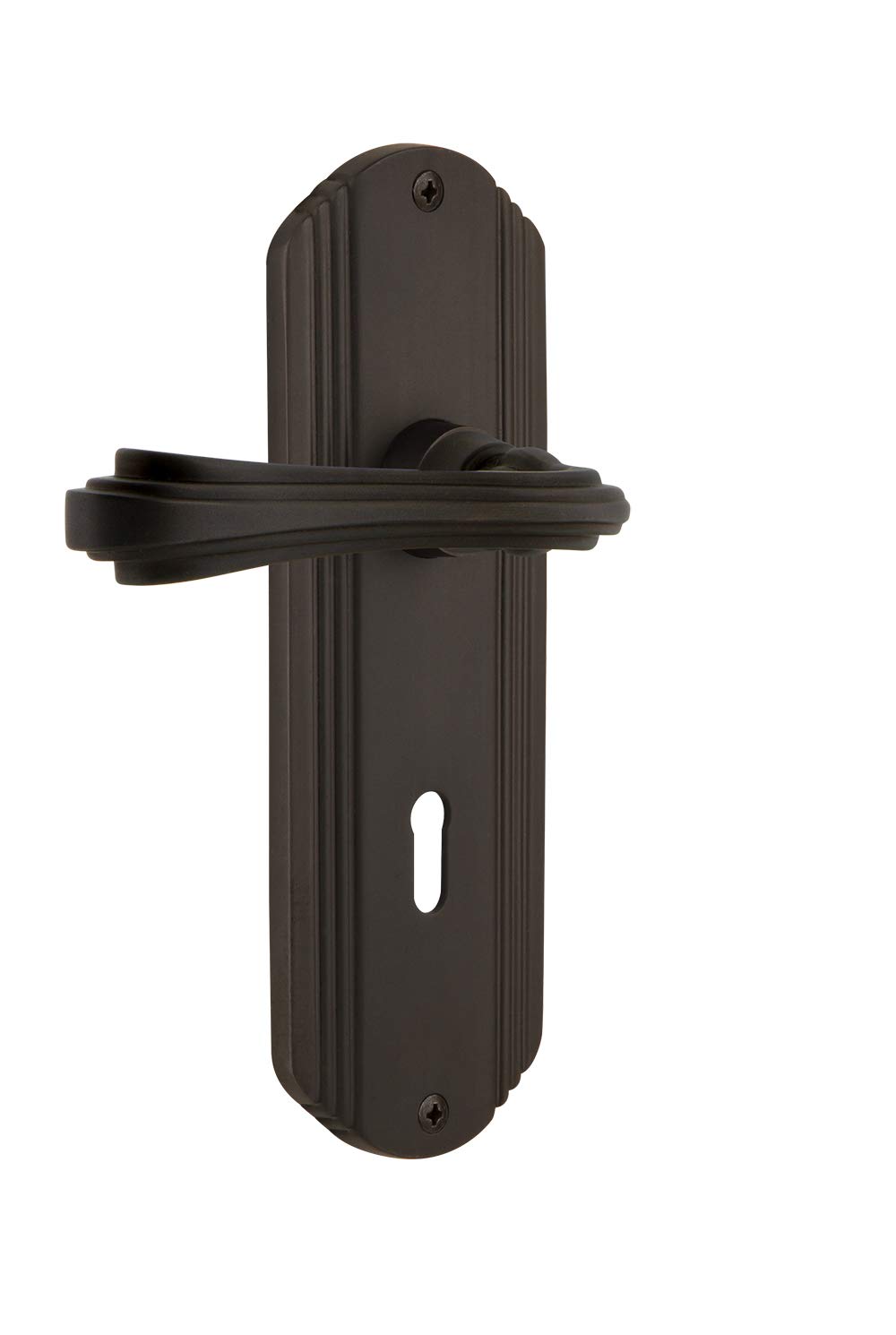 Vintage Style Deco Plate Passage Door Knob with Keyhole & Fleur Lever - Oil Rubbed Bronze Finish for Bedroom, Bathroom & Interior Doors