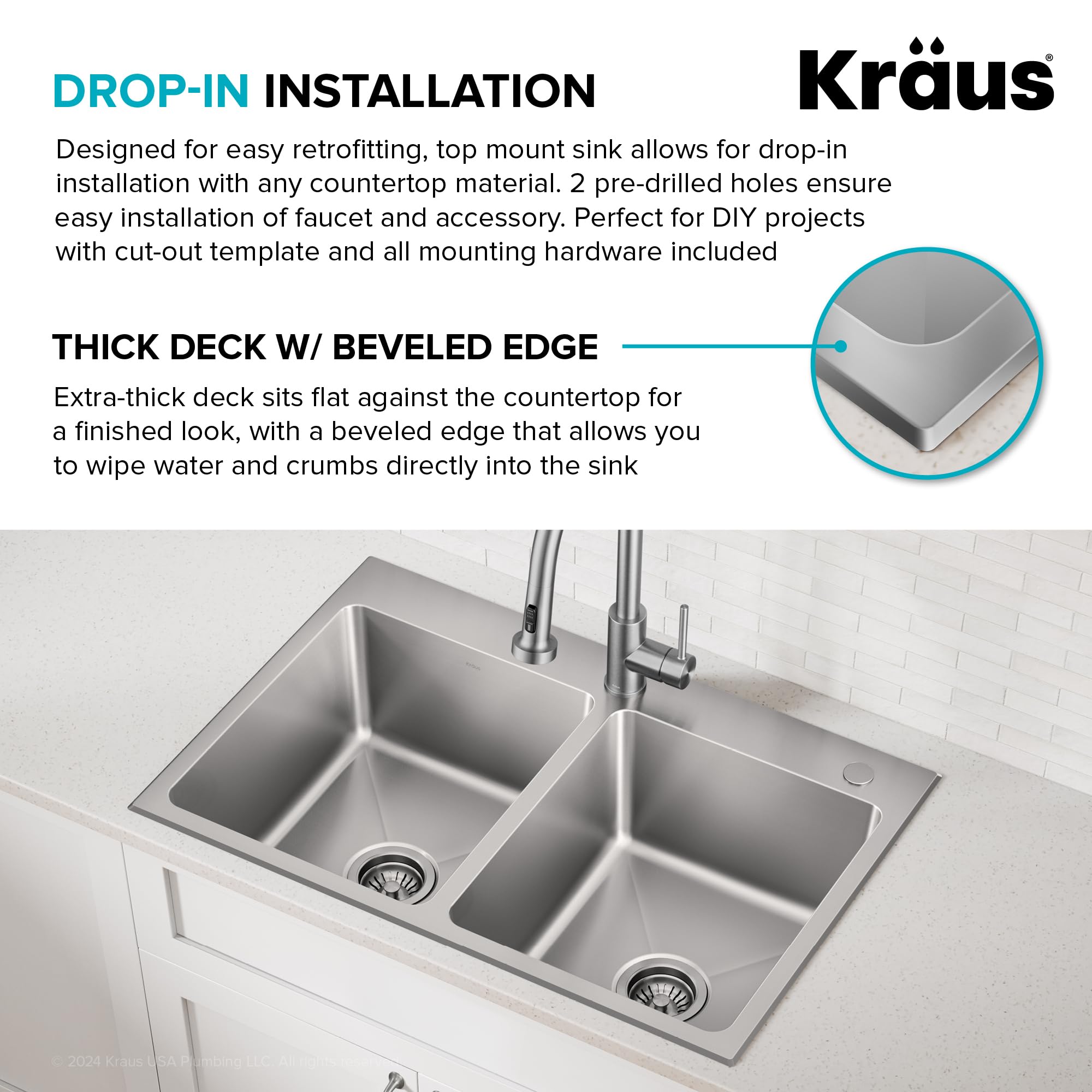 KRAUS Fairlane 33-inch Drop In/Top Mount Double Bowl 18-Gauge Stainless Steel Kitchen Sink KHT632-33 - Perfect for Modern Kitchens & Heavy-Duty Cooking