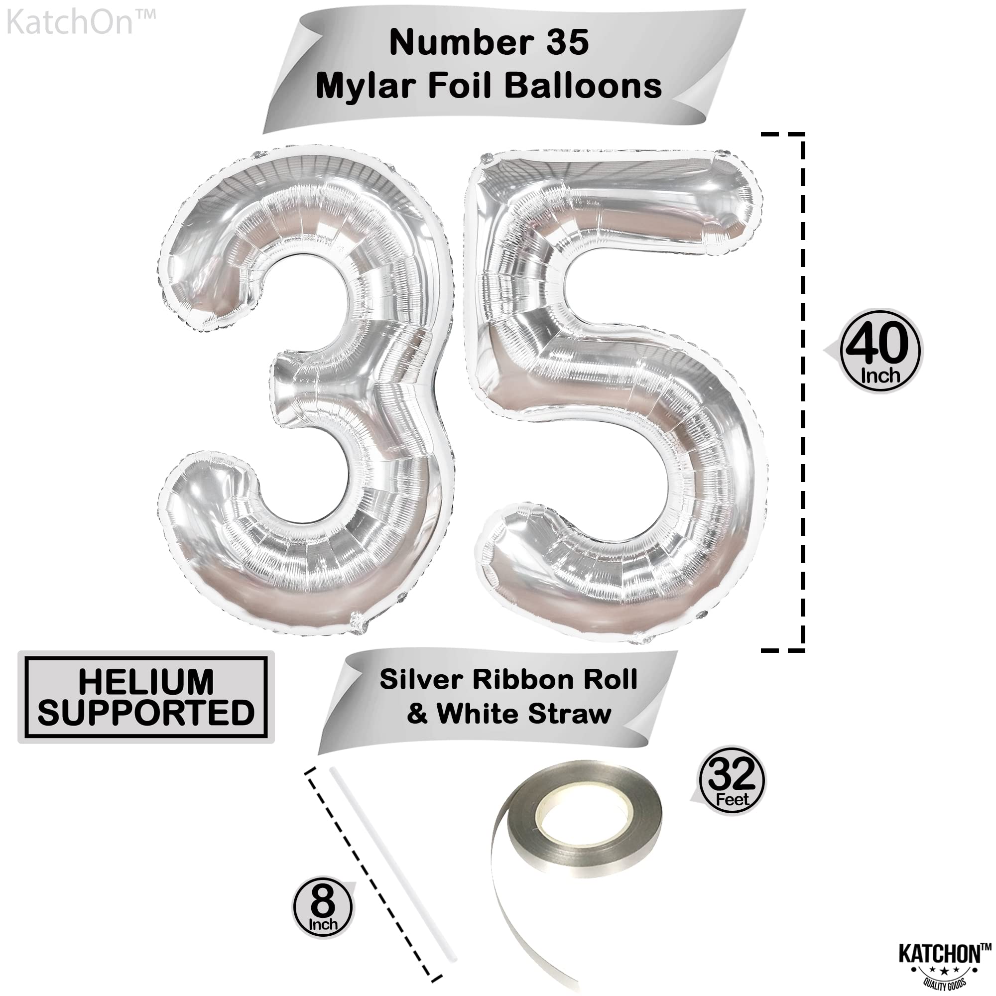 KatchOn 35 Inch Silver Foil Balloon Numbers - 40 Inch Large 35th Birthday Decorations for Women & Men | 35 Balloons for Birthday Party, Anniversary, Graduation | Perfect for Indoor & Outdoor Celebrations