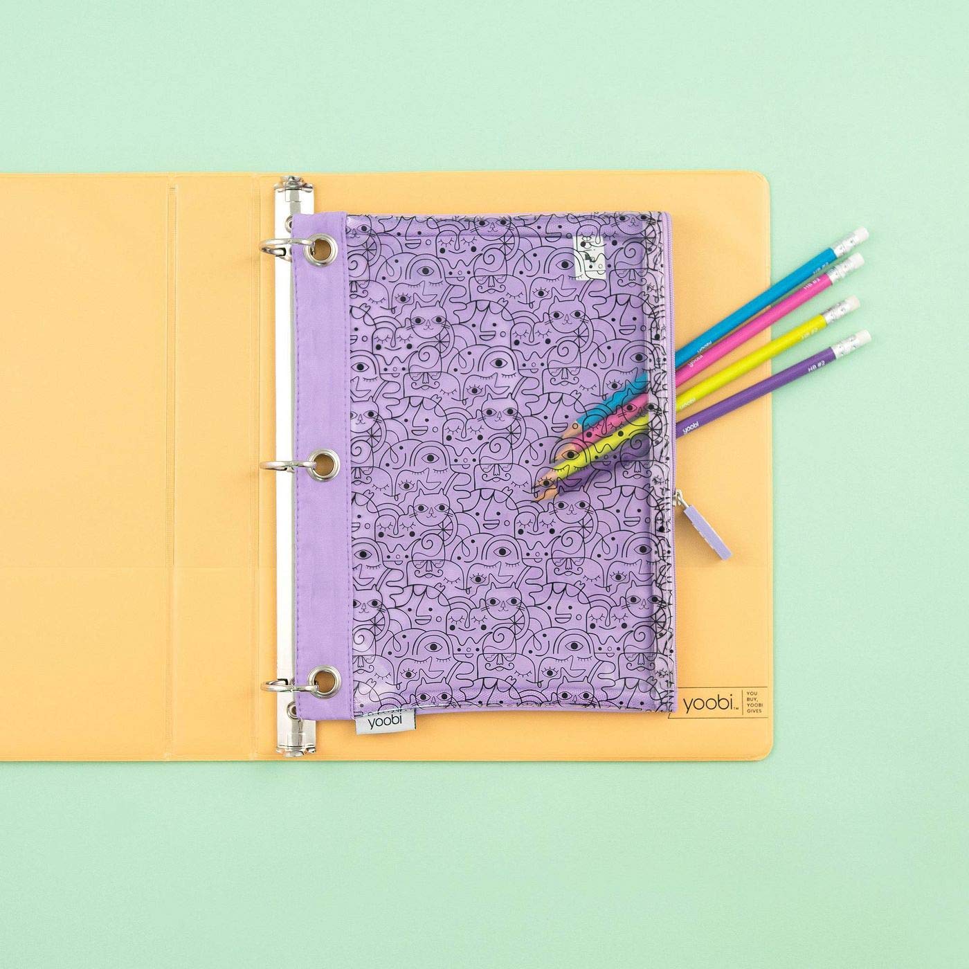 Yoobi Lavender Clear Binder Pencil Case with Zipper - School, Office & Travel Organization for Pens, Markers & Supplies