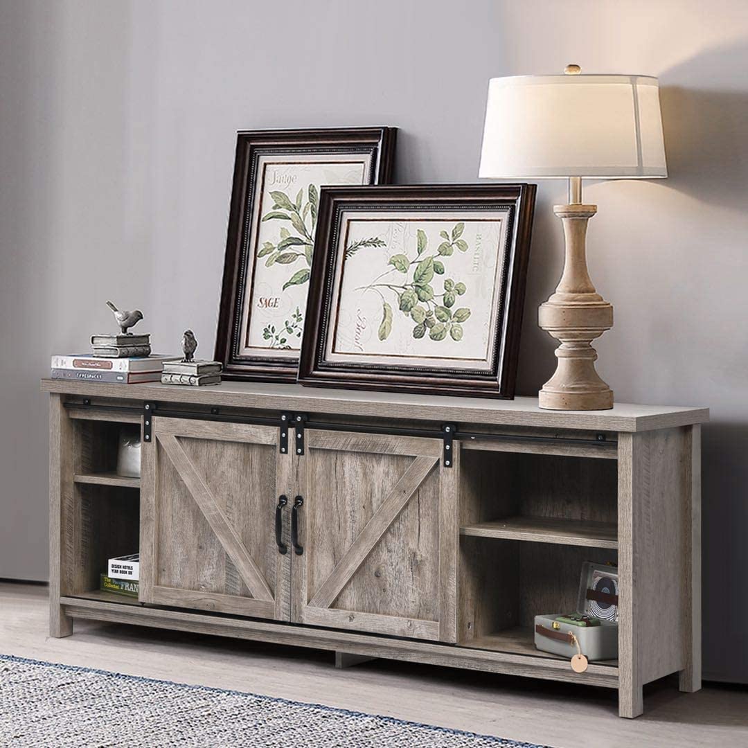 Farmhouse TV Stand with Sliding Barn Doors - Entertainment Center for 55-75 Inch TVs, Rustic Gray Wood Media Console with Storage Cabinet - Perfect for Living Room, Bedroom & Home Theater Setup