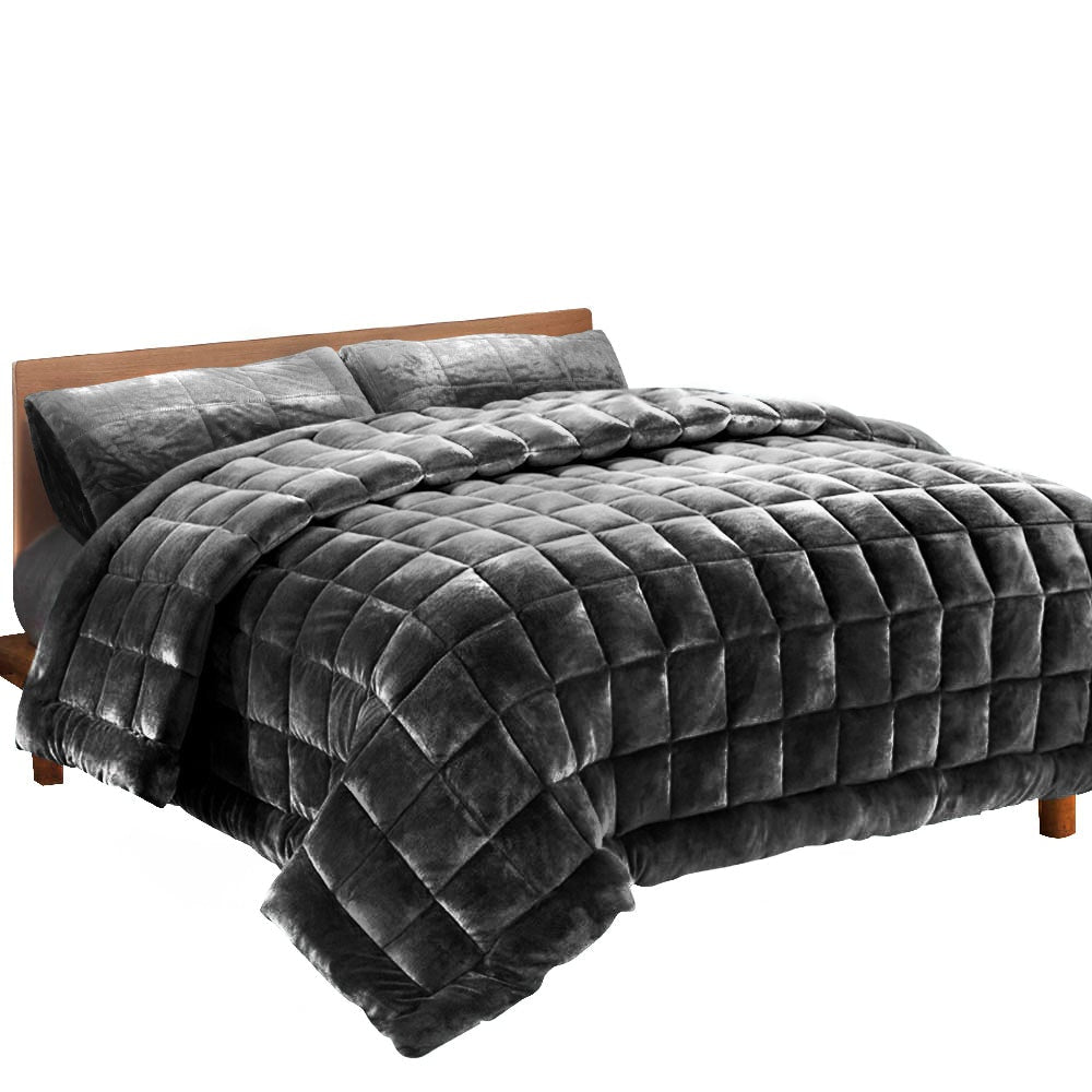 Luxury Faux Mink Quilted Comforter Set - Queen Size Charcoal Gray Bedding - Soft & Warm Throw Blanket for Bedroom, Couch, and Guest Room