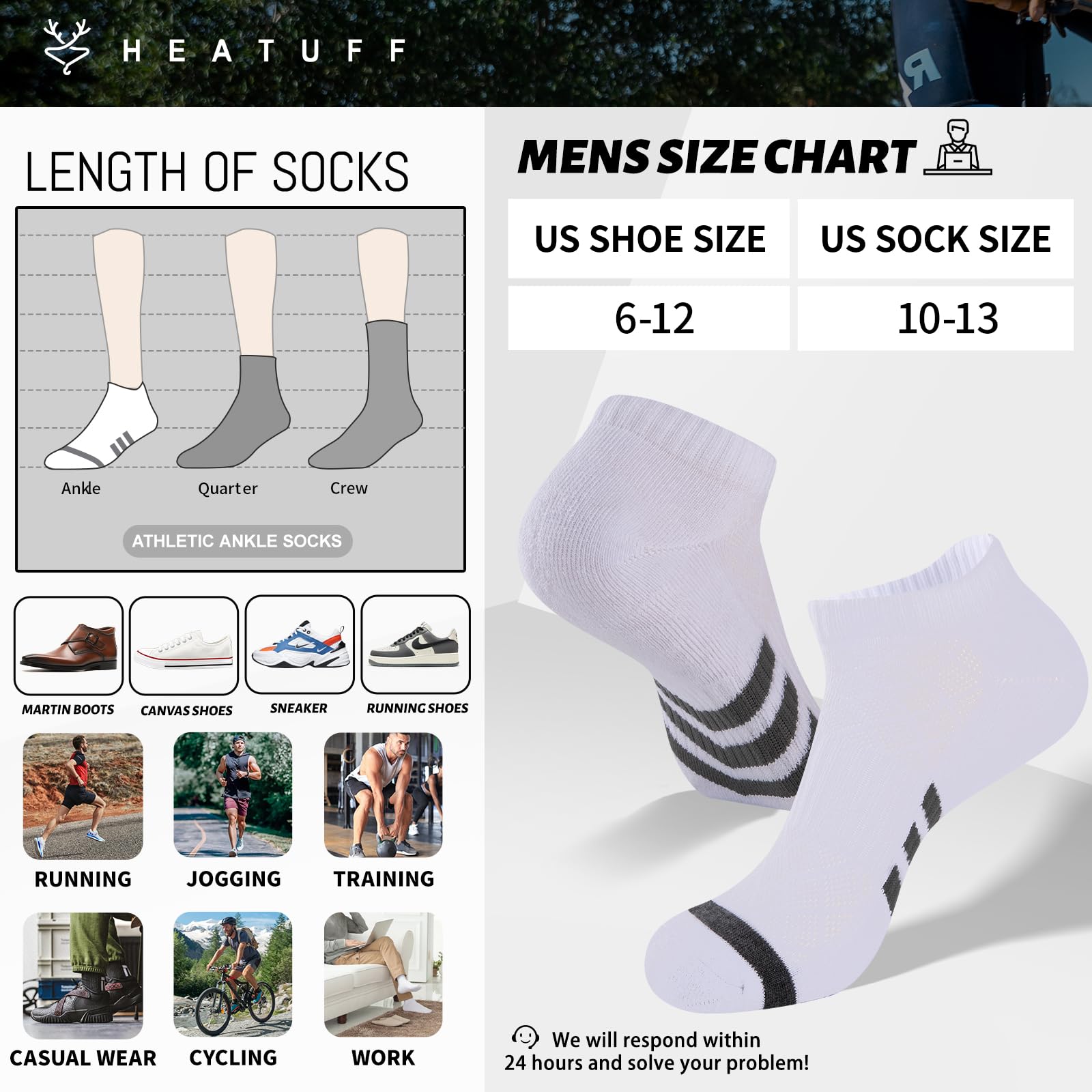 Heatuff 12 Pairs Men's Cushion Ankle Socks - Athletic Running Socks with Breathable Fabric & Arch Support for Sports, Workout, Gym & Everyday Wear