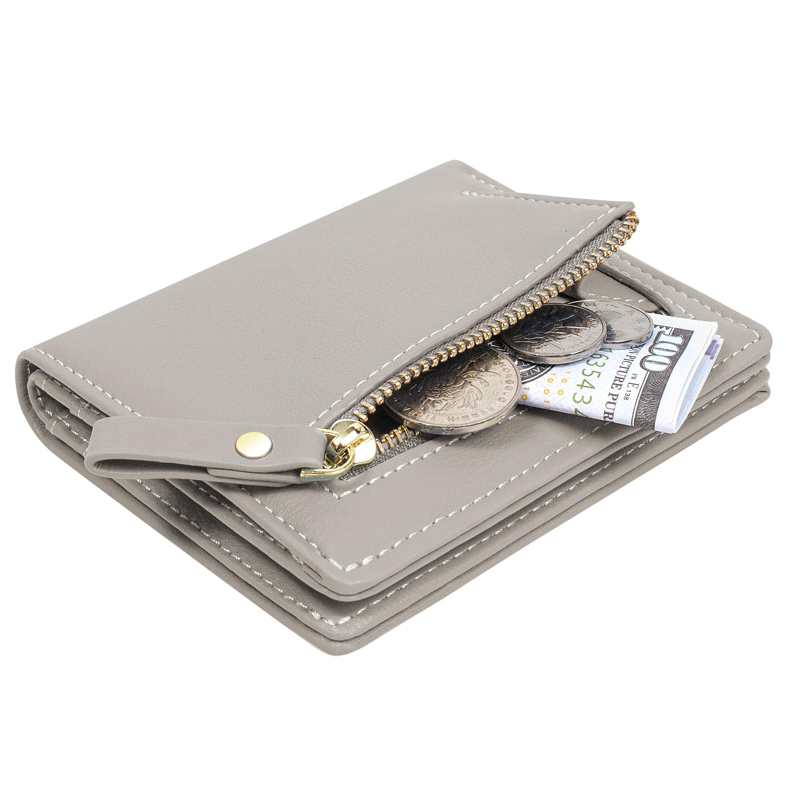 SUMGOFO Slim RFID Blocking Leather Wallet for Women - Mini Bifold Card Holder with Zipper Pocket & Coin Purse (Gray) | Perfect for Everyday Carry, Travel & Gift Giving