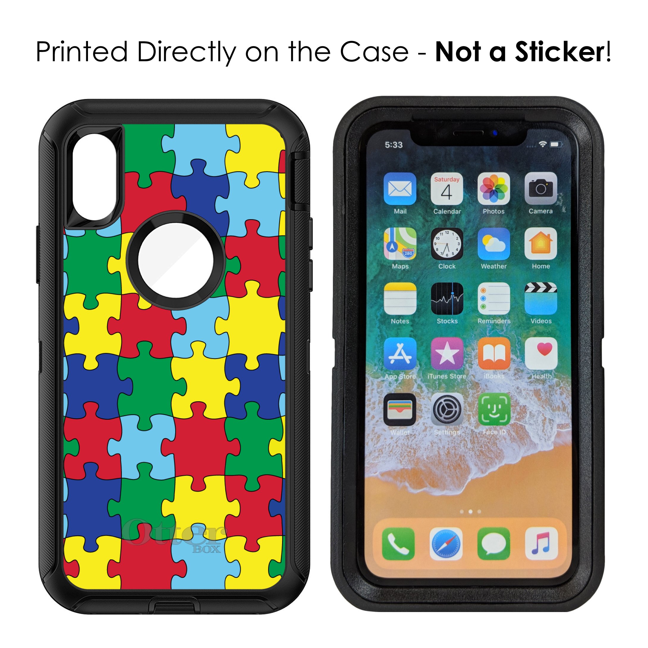 DistinctInk iPhone XR Case (6.1 Inch) - Durable Protective Cover with Puzzle Design for Autism Awareness - Compatible with OtterBox Defender - Perfect for Daily Use, Work & School