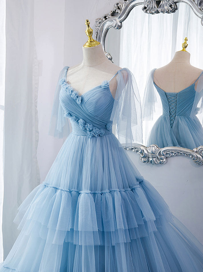 Elegant Blue V-Neck Tulle Long Prom Dress for Women - Formal Evening Gown for Homecoming, Ball, and Special Occasions