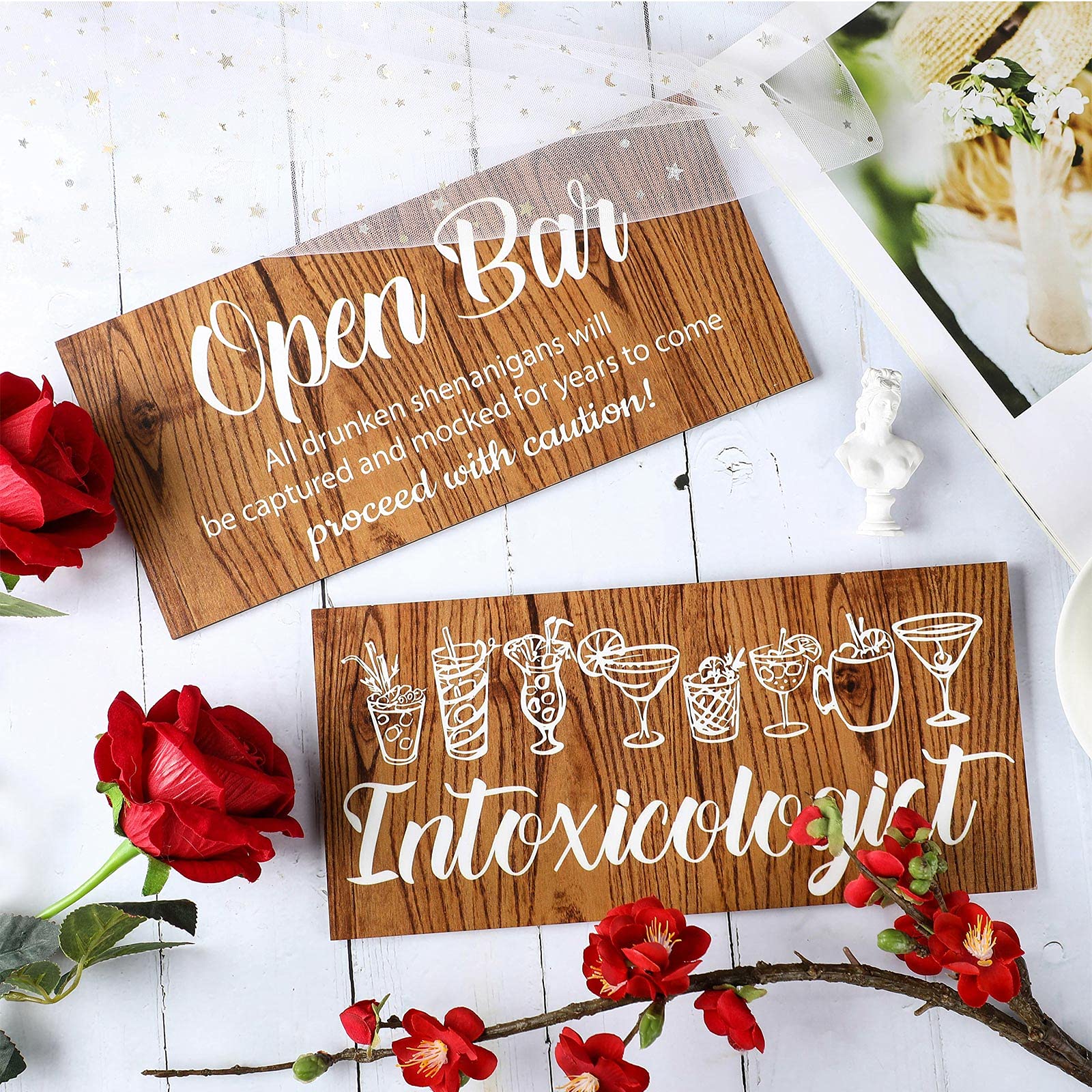 Jetec 2-Piece Bar Sign Set - Intoxicologist & Open Bar Signs - Rustic Pub Decor for Home Bars, Weddings, Parties & Reception - Funny Drunken Shenanigans Wall Art for Man Cave & Tavern Decor
