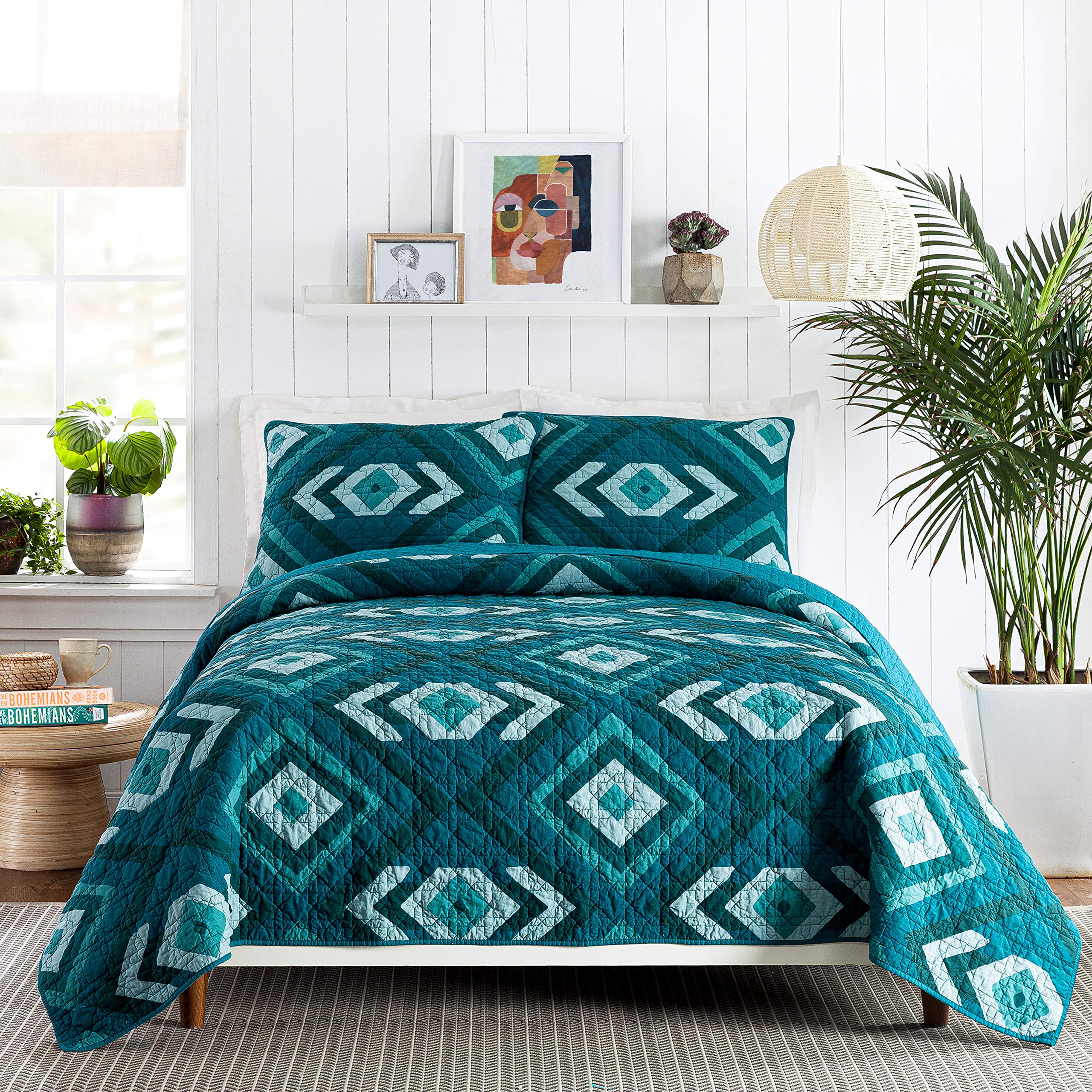 Jungalow Midway 100% Cotton 3-Piece Quilt Set King Size in Green - Soft Bedding for Cozy Bedrooms & Guest Rooms