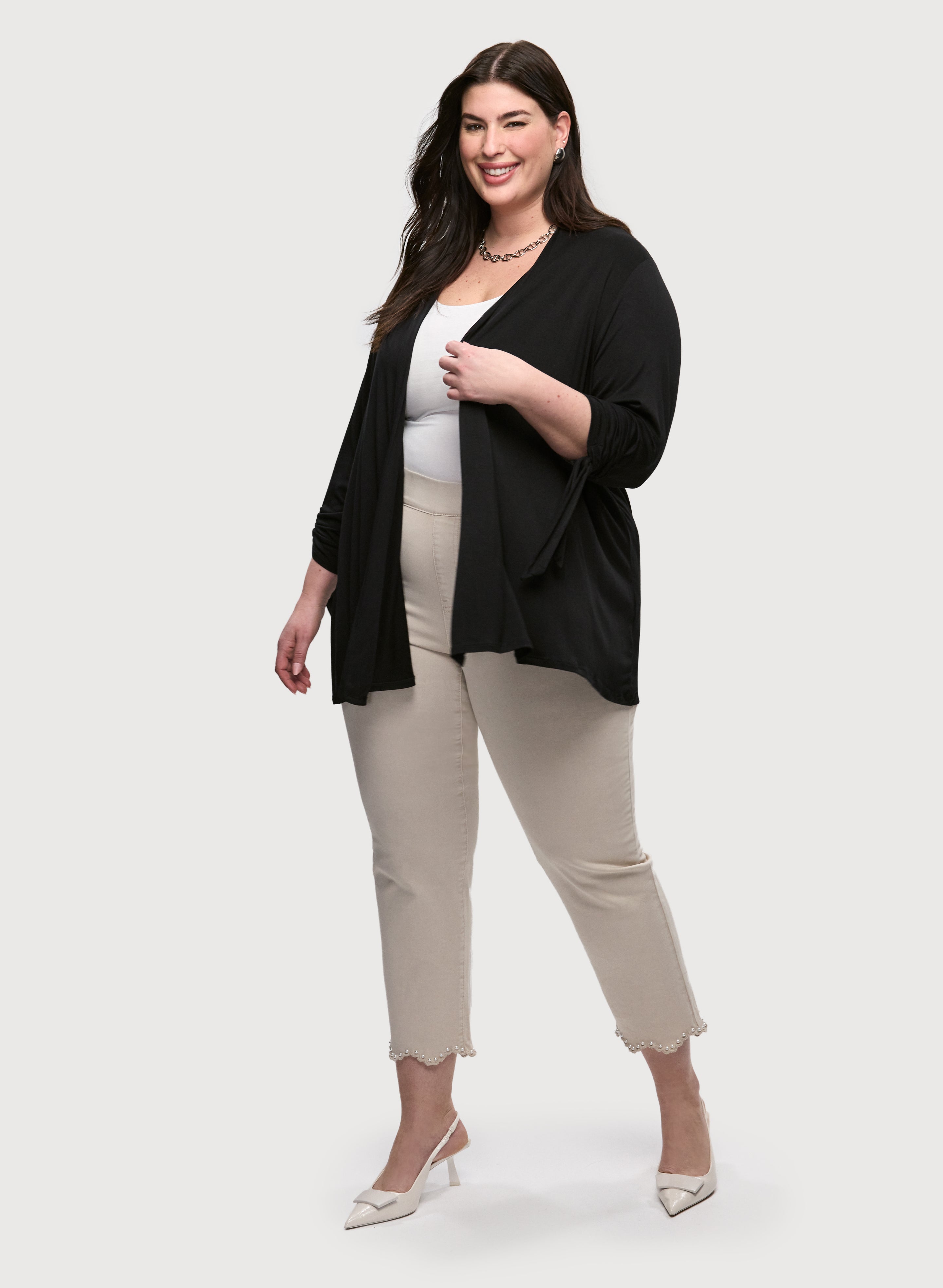 Women's High Waisted Cascade Front Cover Up & Scalloped Hem Jeans - Stylish Distressed Denim Pants for Casual Outings & Date Nights