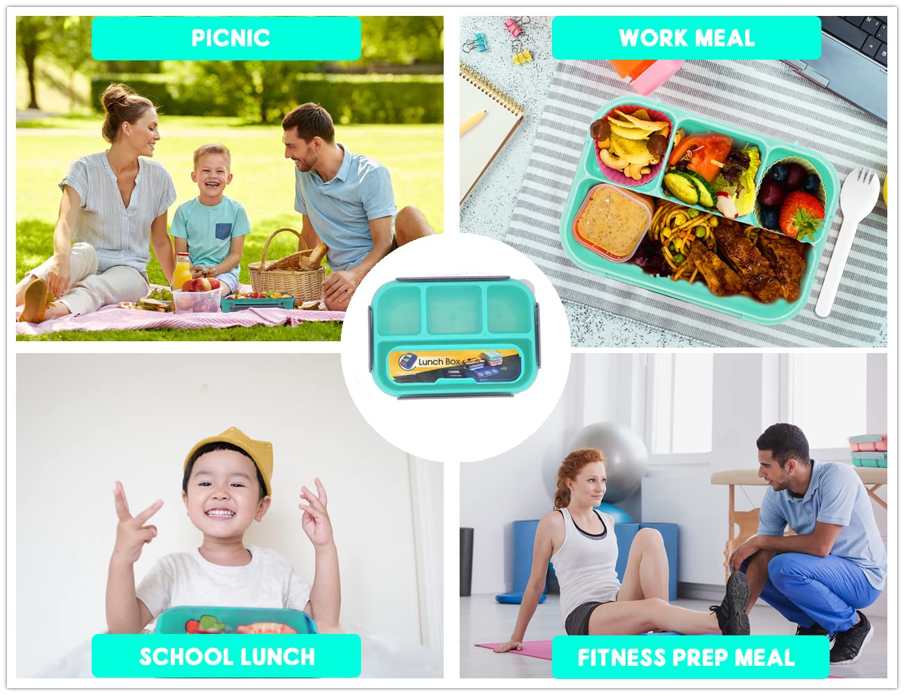 Eco-Friendly 4-Compartment Bento Lunch Box for Kids & Adults - Includes Silicone Food Cups & Fun Food Picks - Leakproof & Easy Clean (Green) - Perfect for School, Office & Picnic Meals