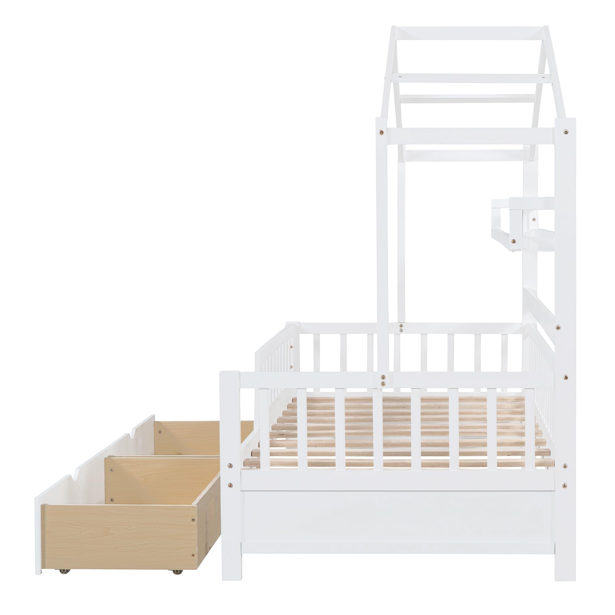 **Wooden Twin Size House Bed with 2 Drawers & Storage Shelf - Kids & Teens Bedroom Furniture for Boys & Girls - Perfect for Small Spaces, Playrooms & Cozy Bedrooms (Twin, White)**