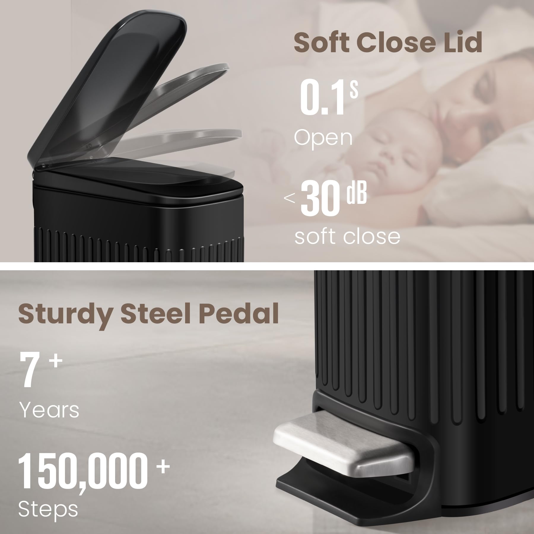 Cesun 1.6 Gallon Small Stainless Steel Bathroom Trash Can with Lid & Foot Pedal - Slim Matte Black Waste Basket for Bathroom, Office, Bedroom & Laundry - Perfect for Small Spaces & Odor Control