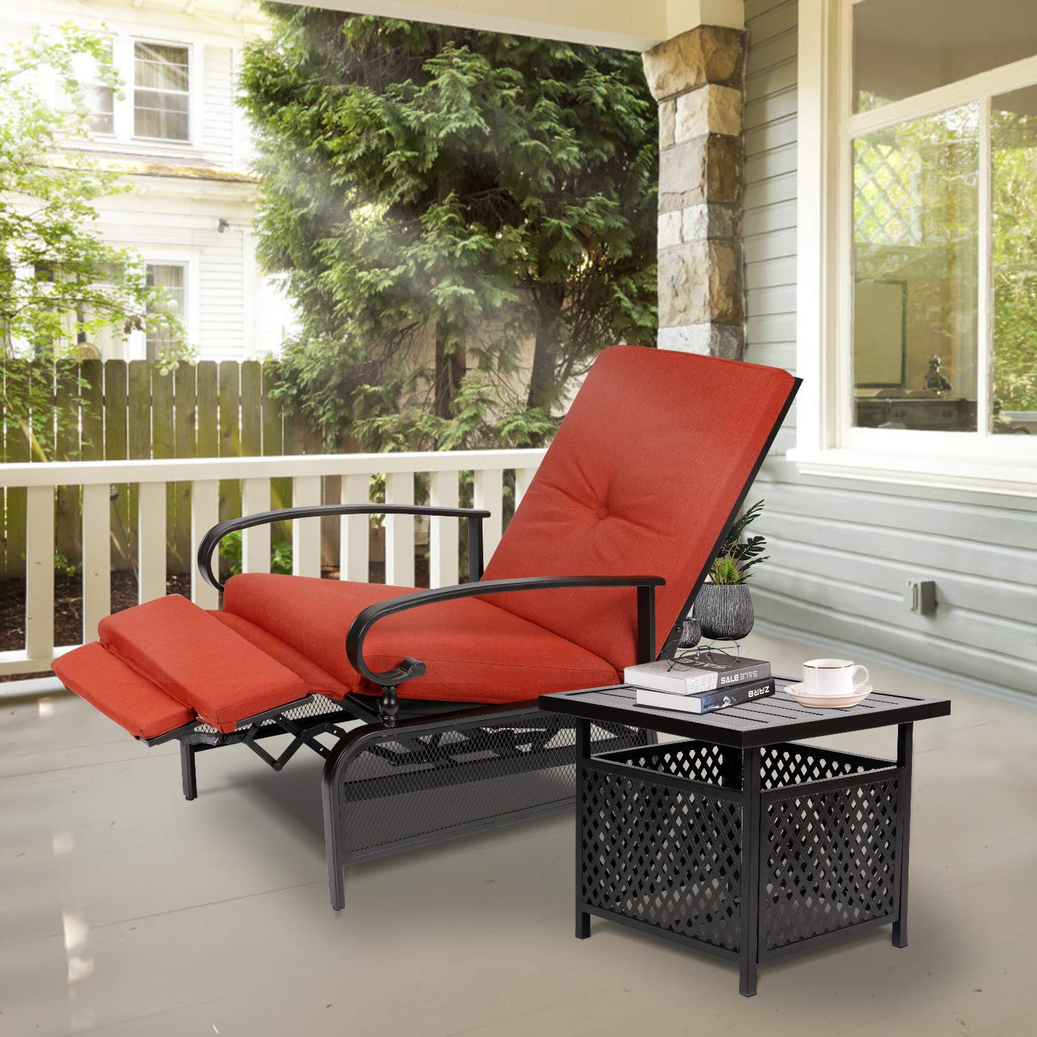 **Adjustable Outdoor Lounge Chair with Recliner & Side Table Set - Patio Chaise with Red Cushion & Umbrella for Poolside, Garden, or Backyard Relaxation**