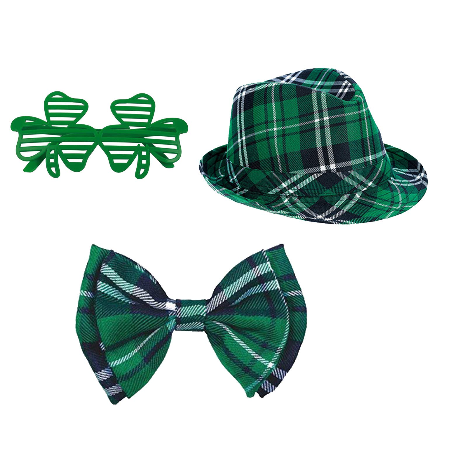 3Pcs St. Patrick's Day Green Plaid Hat, Bow Tie & Glasses Set - Irish Party Costume Accessories for Men, Women & Kids - Perfect for Themed Parties, Parades & Festive Celebrations