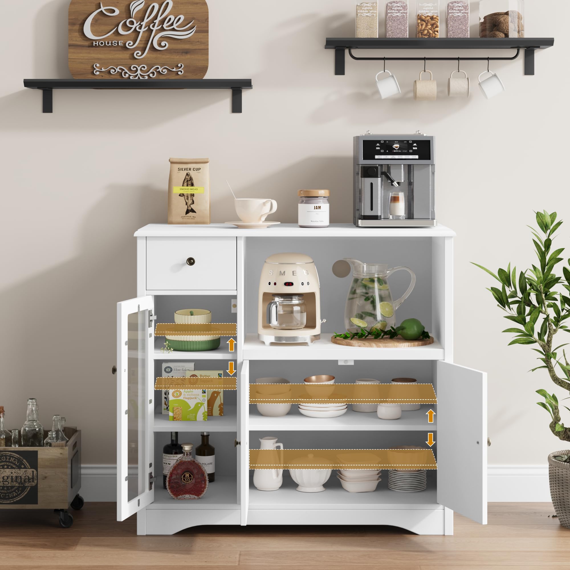 HORSTORS 3-Door Storage Cabinet with Adjustable Shelves & Drawer - White Kitchen Buffet Sideboard for Microwave, Dining Room & Home Organization