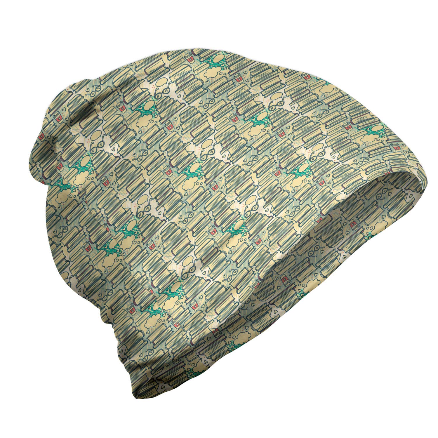 Ambesonne Unisex Knit Beanie Hat - Stacks of Books & Coffee Print - Warm Winter Hat for Men & Women - Perfect for Hiking, Camping & Outdoor Activities