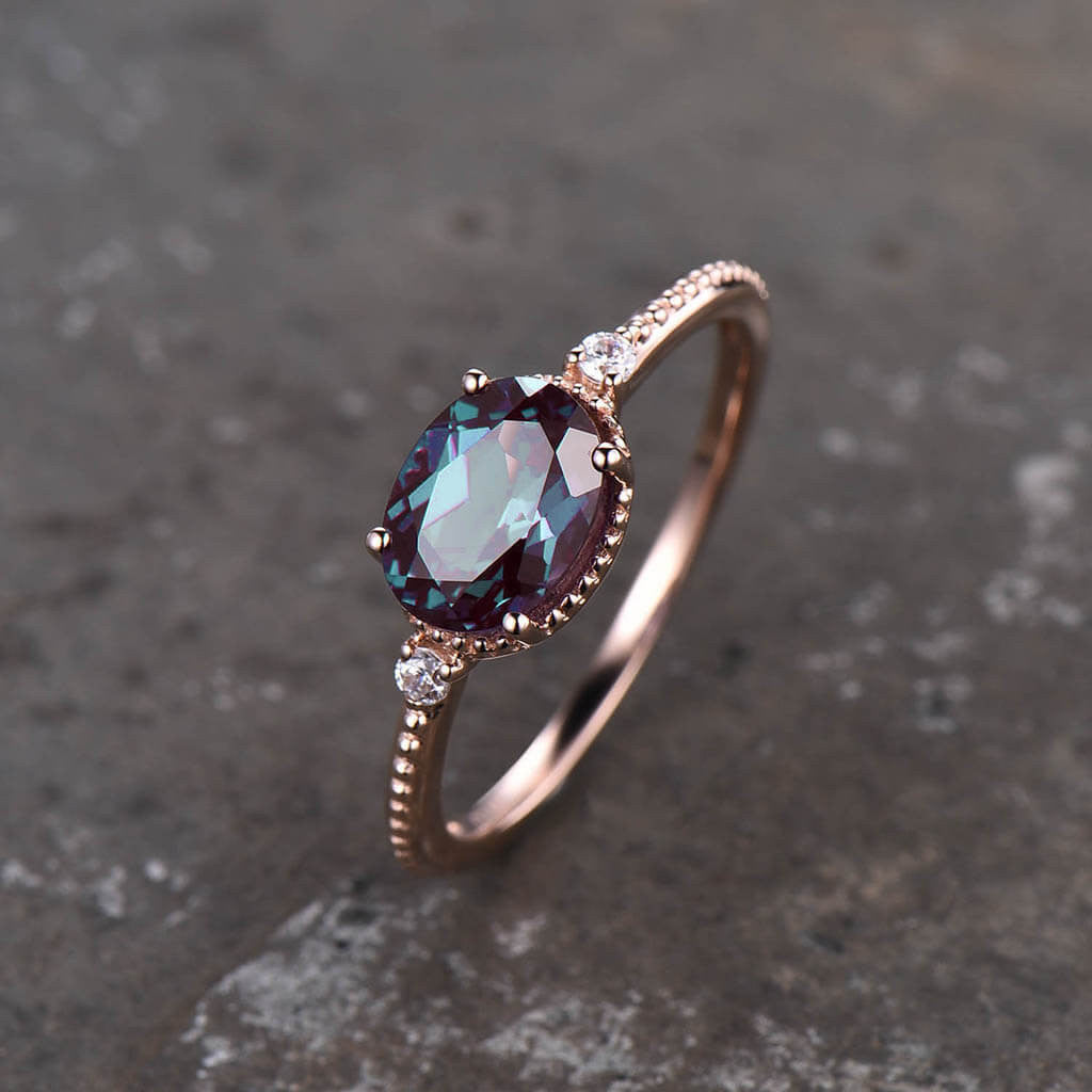 Milgrain Alexandrite Engagement Ring in Rose Gold - East to West Three Stone Ring for Women | Perfect for Weddings, Anniversaries & Proposals