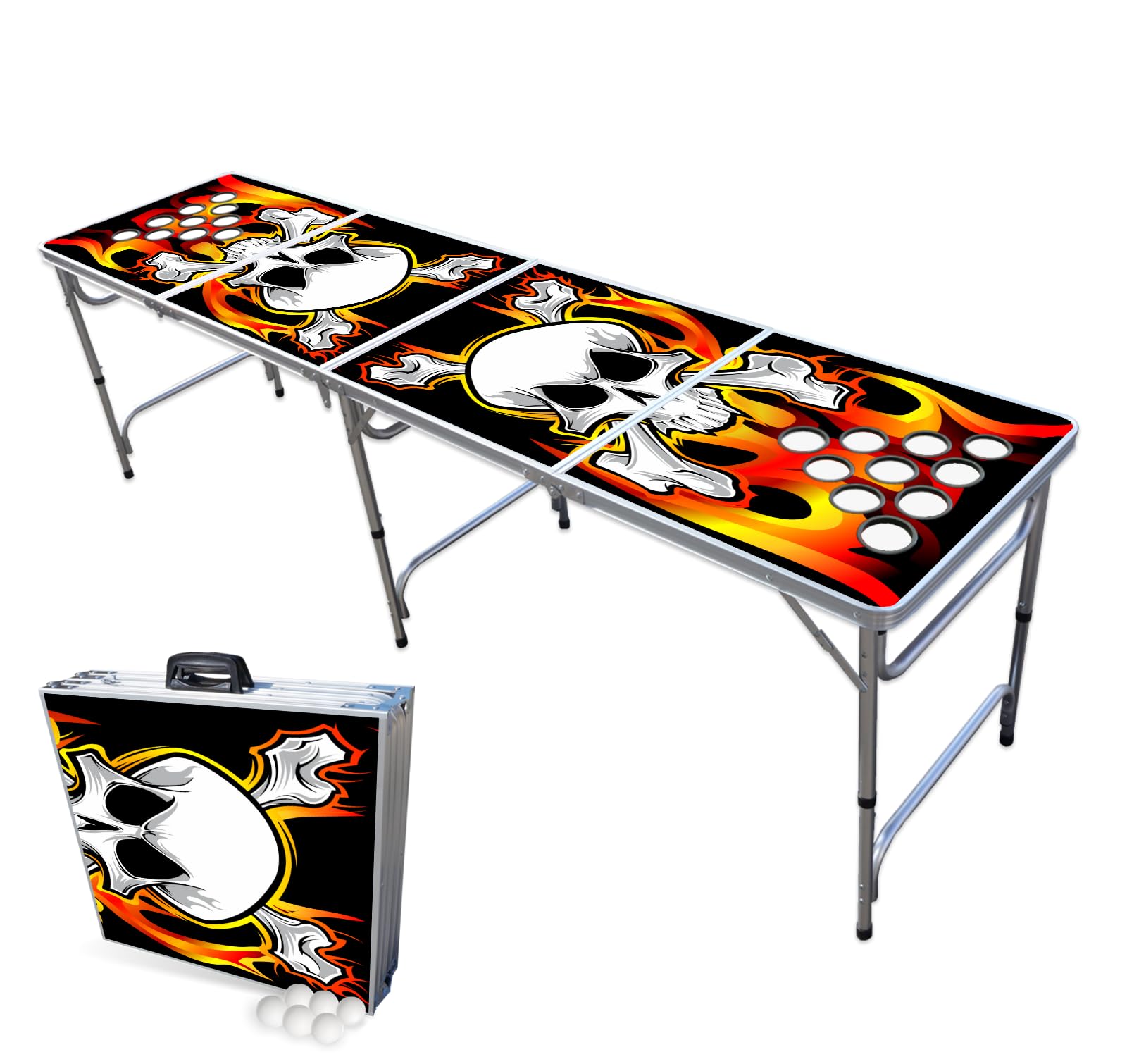 8-Foot Folding Beer Pong Table with Cup Holes - Flames Edition | Portable Party Game Table for Outdoor Events, Tailgating & College Parties
