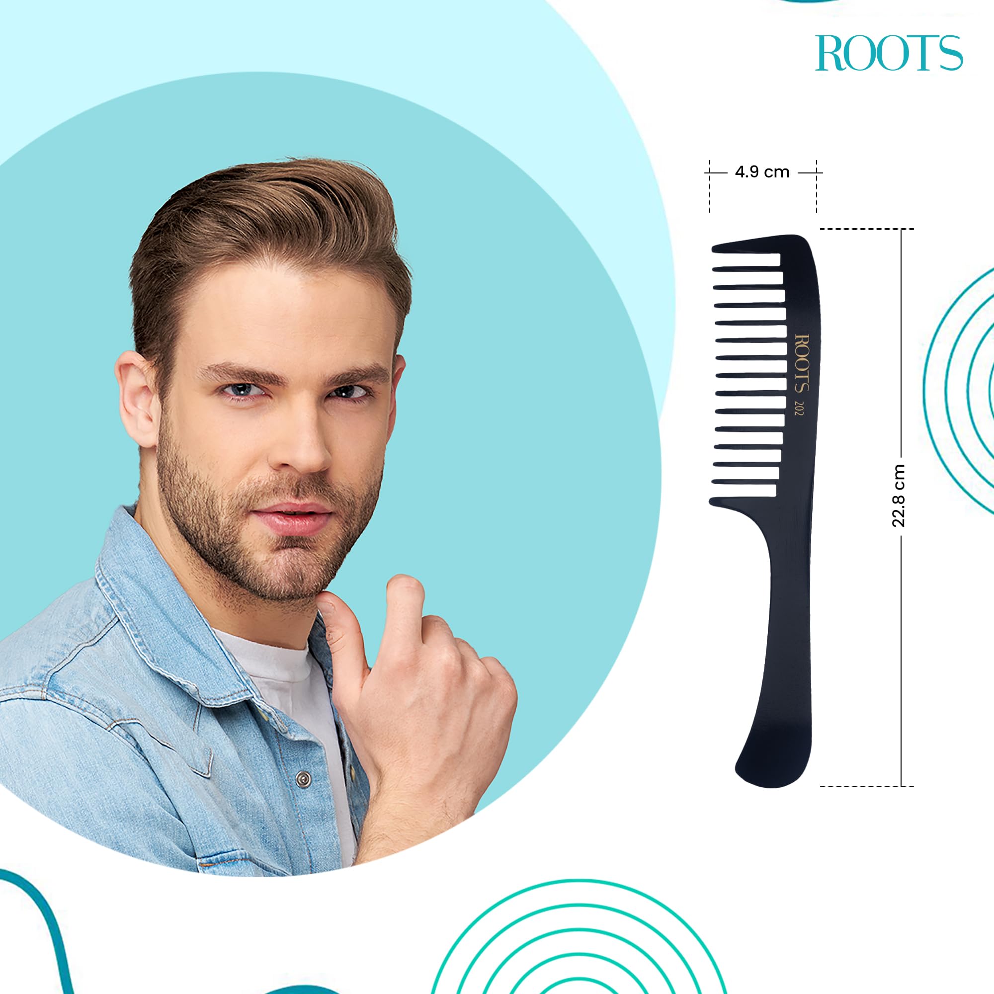 Roots Professional Detangling & Shampoo Comb - Black Fine Teeth Hair Comb with Ergonomic Handle for Men & Women - Lightweight Styling Tool for Daily Hair Care - Pack of 1 (Model 202) - Perfect for Wet/Dry Hair, Salon Use & Travel