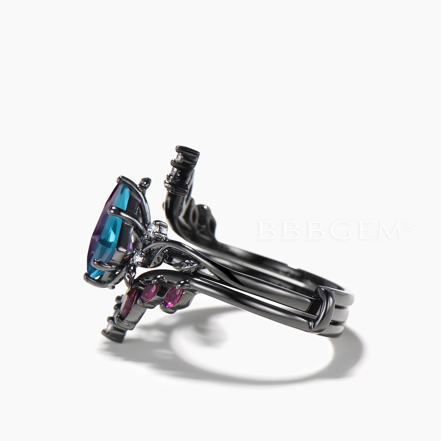 Color Changing Alexandrite & Ruby Twig Band Ring Set | Kite Cut Gemstone Bridal Enhancer | Perfect for Engagement, Wedding & Anniversary Gifts