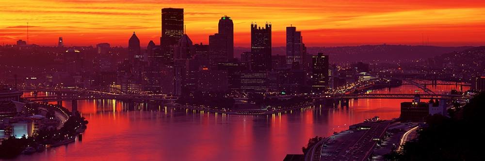 Peel & Stick City Skyline Wall Mural - Pittsburgh Dawn Skyline Buildings (60