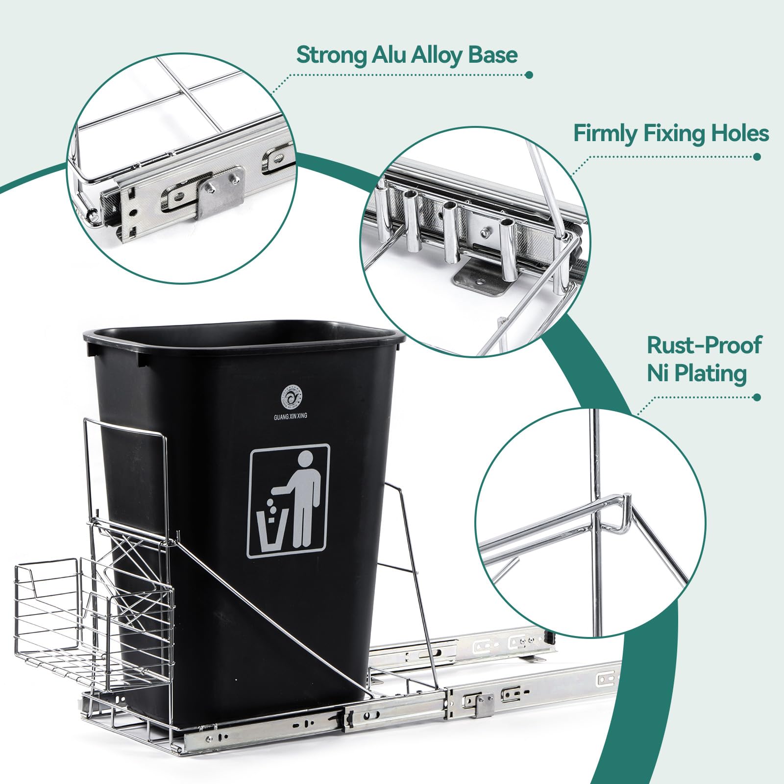 Under Cabinet Pull Out Trash Can Kit - Adjustable Slide Out Garbage Bin Organizer with Removable Basket for 7-11 Gallon Trash Cans (Trash Can Not Included) - Perfect for Kitchen, Bathroom & Office Organization