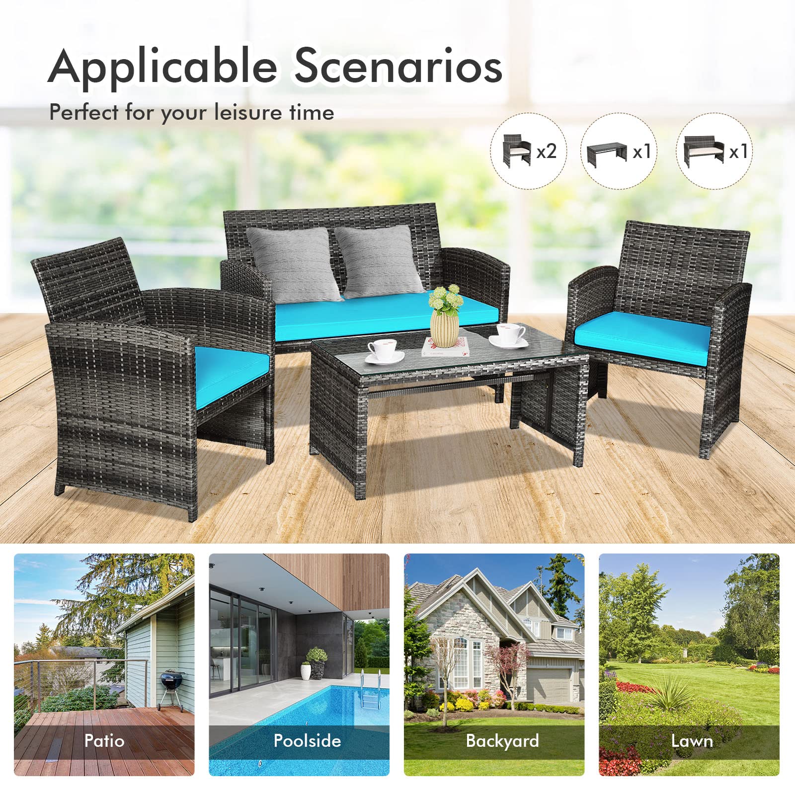 Goplus 4-Piece Rattan Patio Furniture Set, Outdoor Wicker Conversation Sofa with Weather-Resistant Cushions & Tempered Glass Tabletop - Perfect for Lawn, Backyard, Poolside, Garden, and Patio (Turquoise)