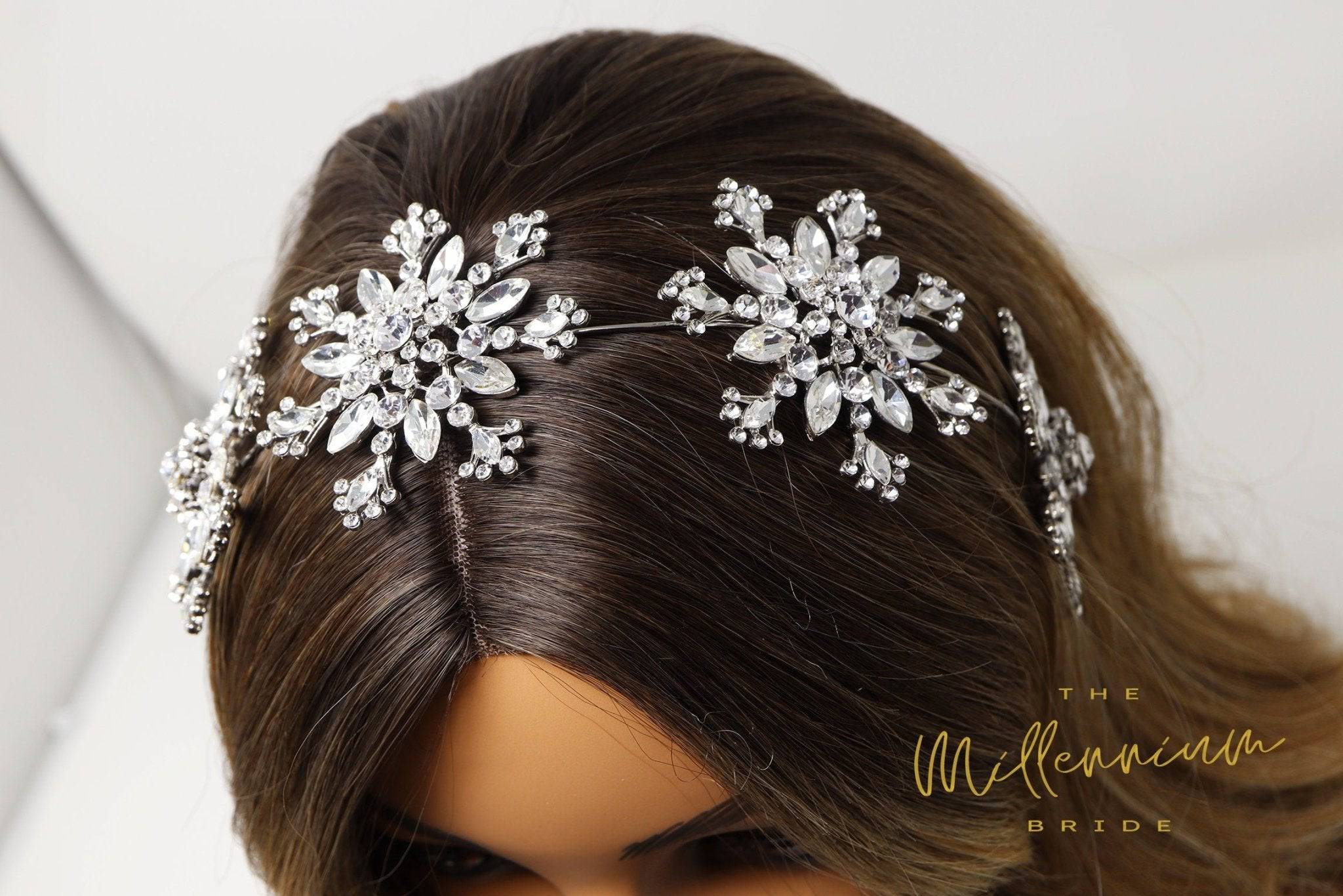 **Elegant Floral Snowflake Crystal Headpiece - Rhinestone Hair Vine Headband for Bridal Wedding, Boho Party & Special Occasions**