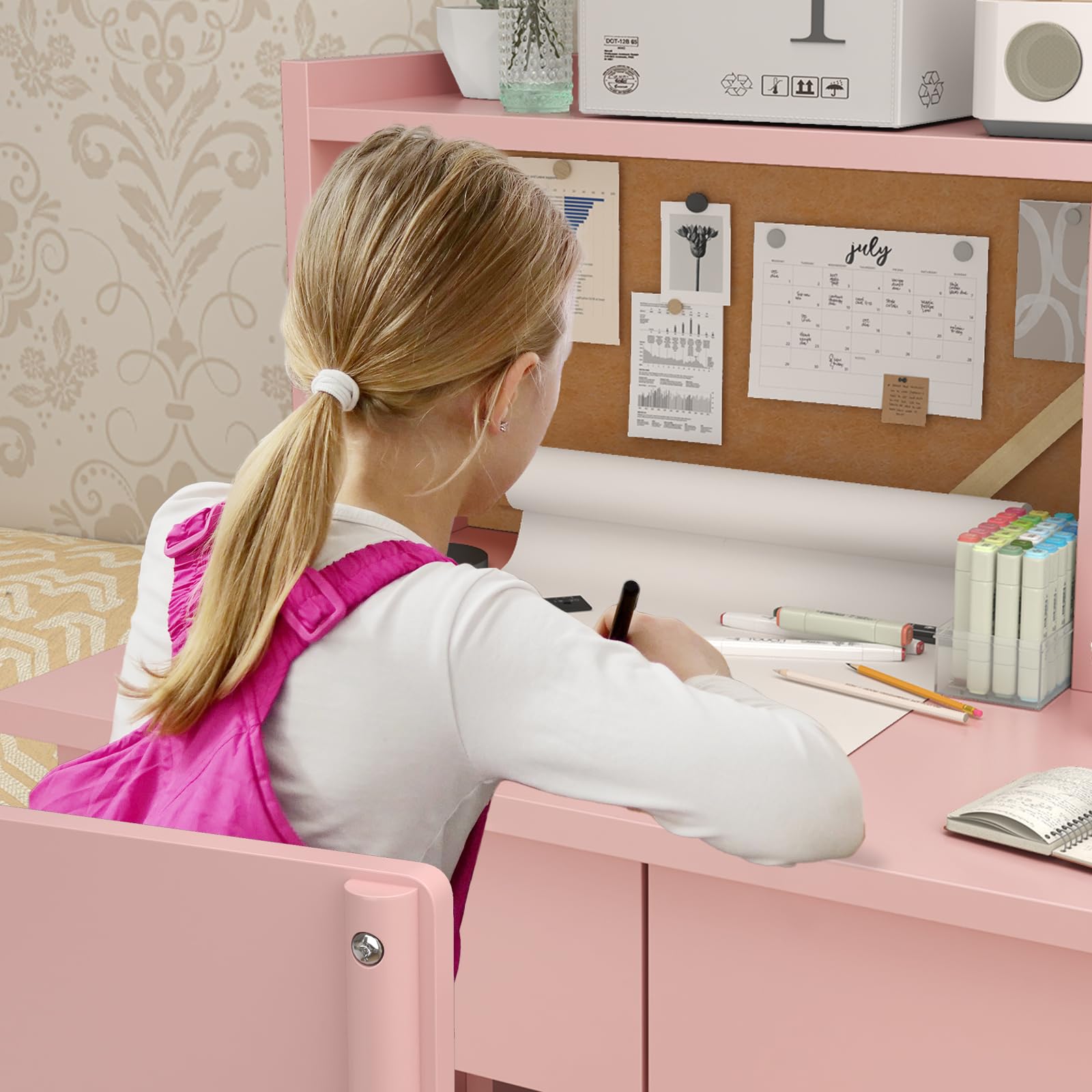 Ergonomic Height Adjustable Kids Study Desk with 2 Drawers & Chair Set - Pink Children's Art Table for 5-18 Years Old - Perfect for Homework, Drawing & Storage in Bedroom or Playroom