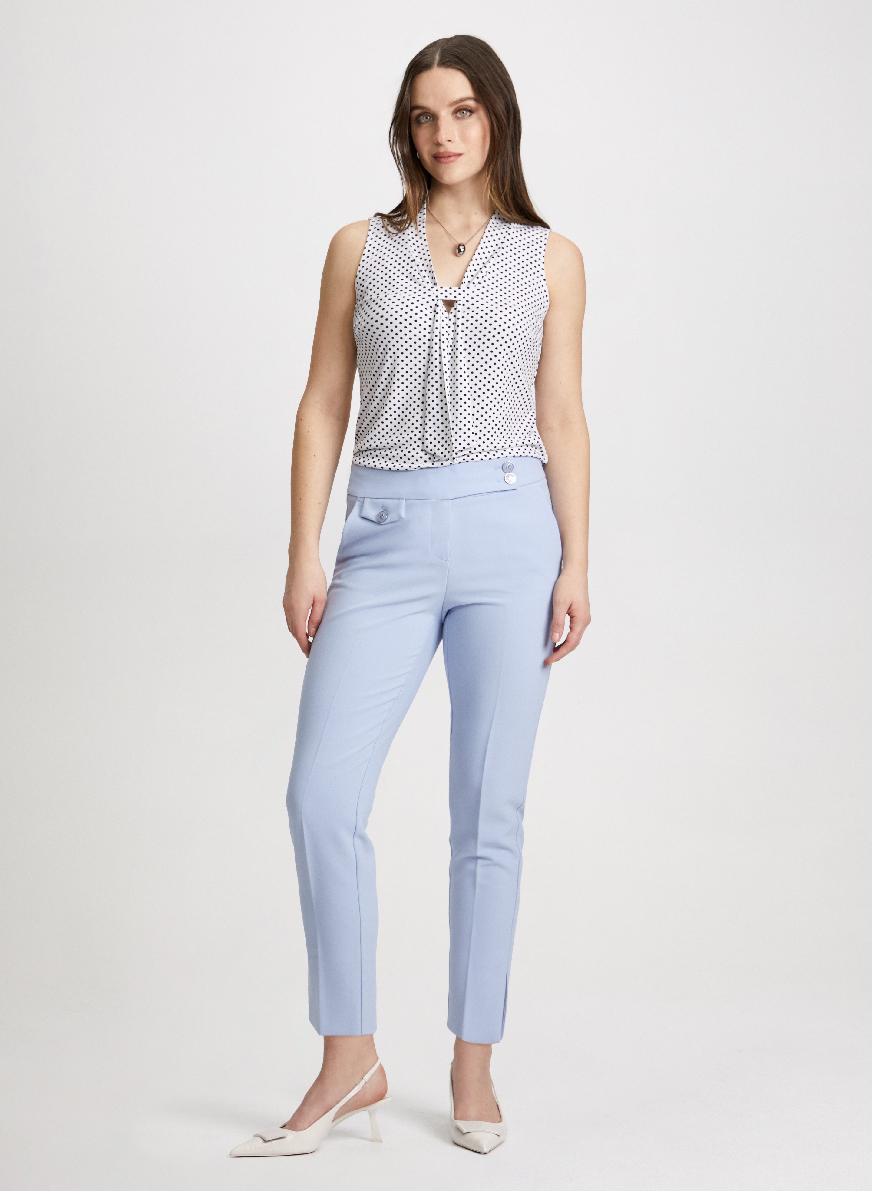 Dot Motif Sleeveless Top & Slim Leg Ankle Pants Set - Women's Casual Summer Outfit for Work, Travel and Date Night