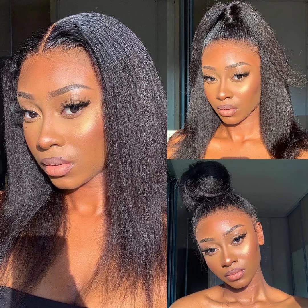 QUINLUX 18 Inch Long Italian Yaki 13x6 Lace Front Human Hair Wig for Black Women - 150% Density Kinky Straight HD Transparent Lace Peruvian Yaki Wig with Pre-Plucked Bleached Knots (Natural Color) | Perfect for Daily Wear, Cosplay, and Special Occasions
