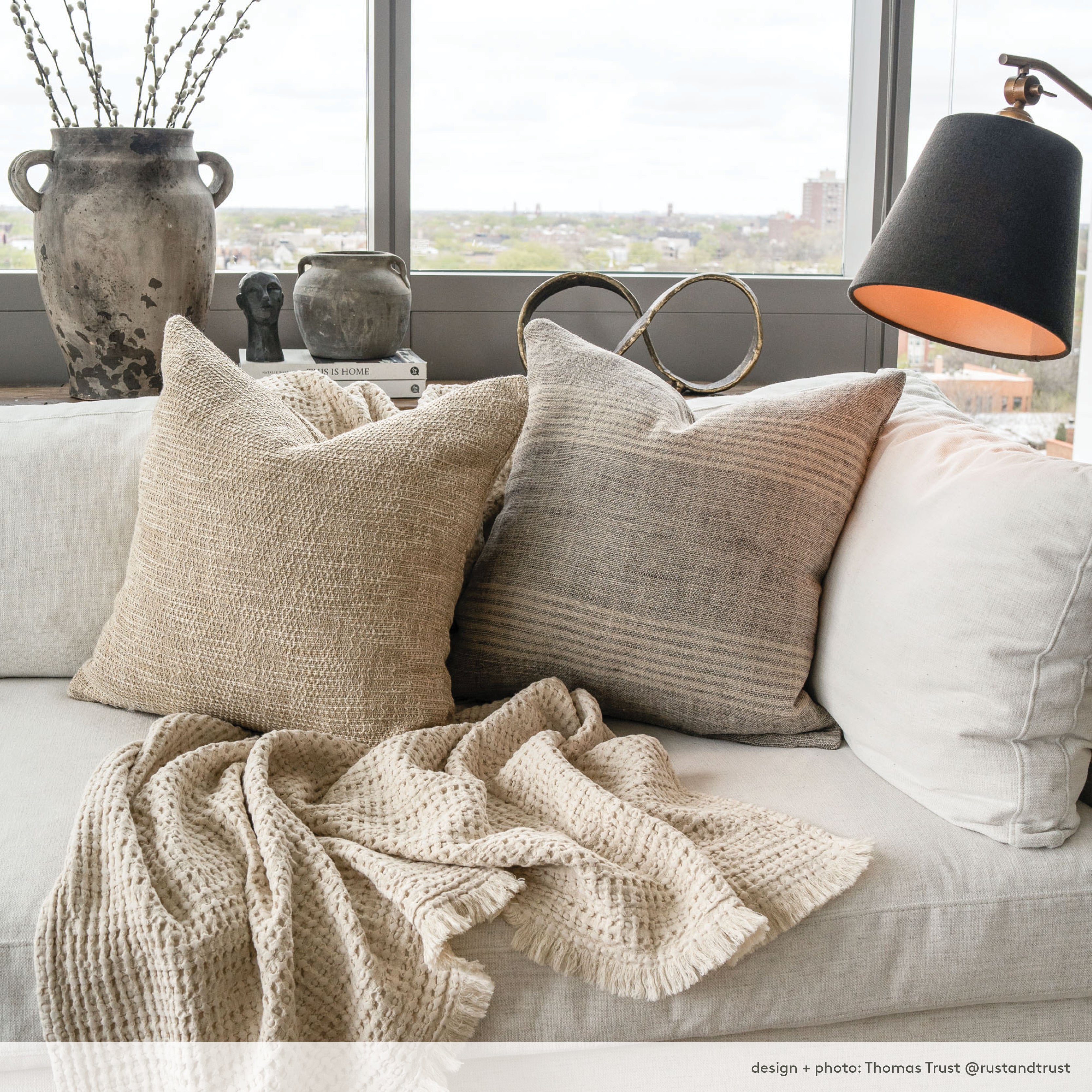 Taryn 22x22 Inch Decorative Throw Pillow Cover - Natural Linen Square Cushion for Sofa, Bed & Home Decor