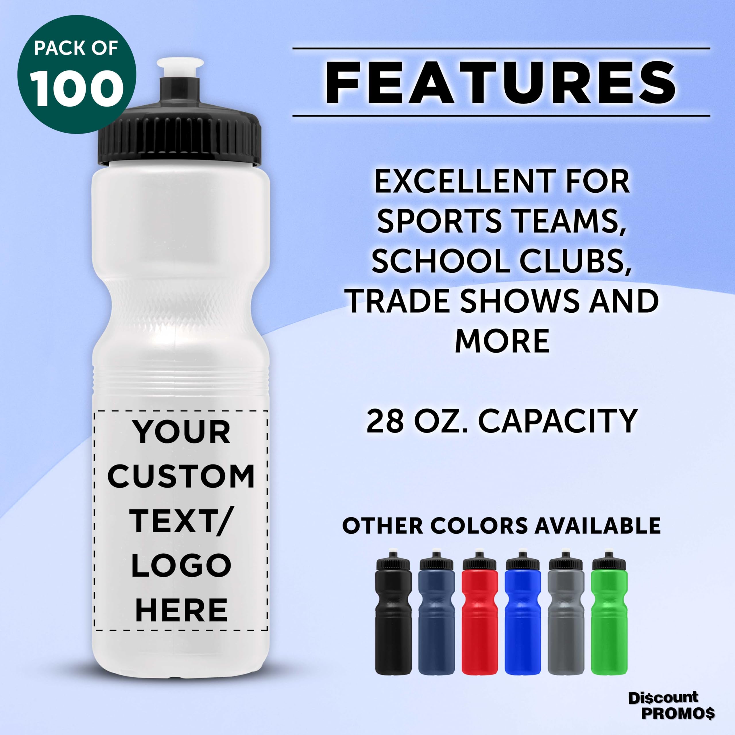 28 oz. Custom Push Cap Plastic Water Bottles - Bulk Pack of 100 - Personalized Water Bottles for Gym, Hiking, Camping & Outdoor Sports - Durable White Reusable Water Bottles - Great for Team Events, Corporate Gifts & Promotional Giveaways