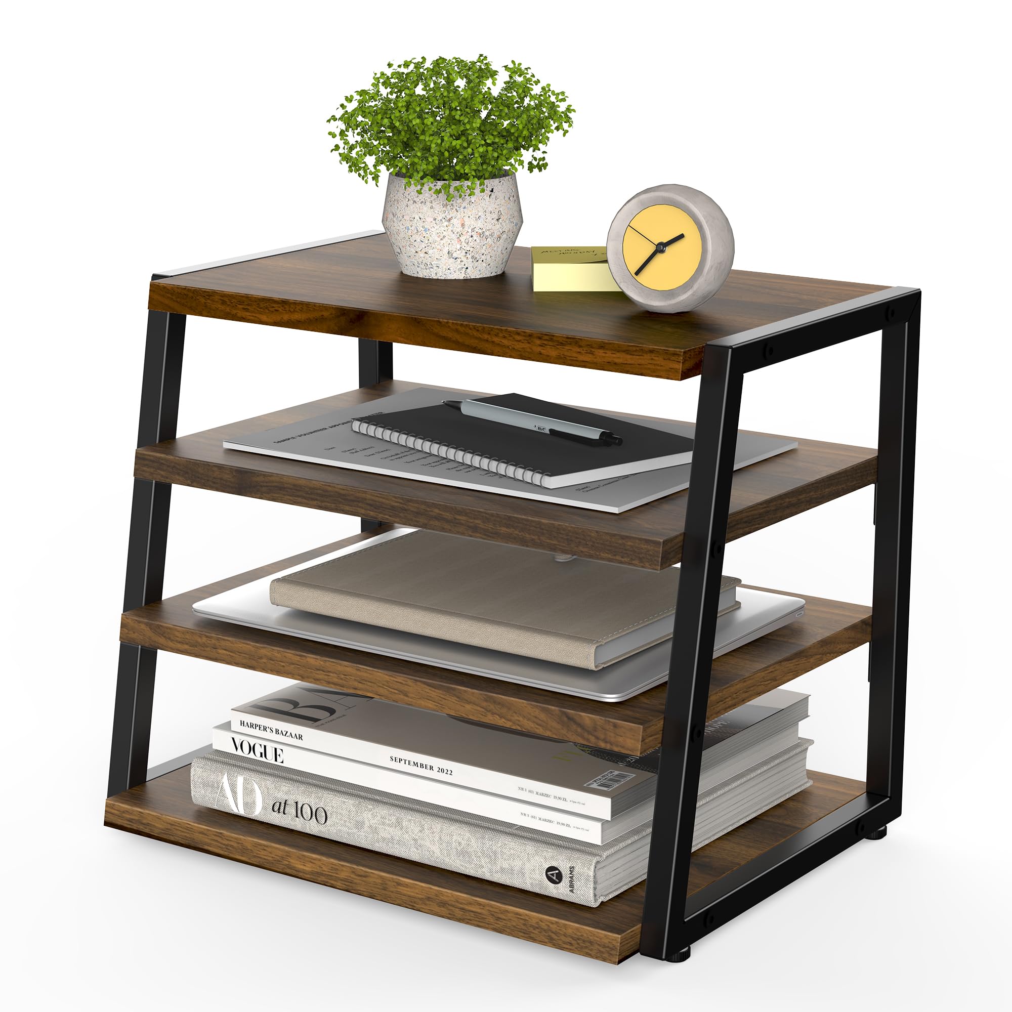 4-Tier Wood & Metal Desk Shelf Organizer - Office Supplies Storage, File Holder for Home & Office Workspace - Perfect for Organizing Books, Files, Stationery on Desks & Corners