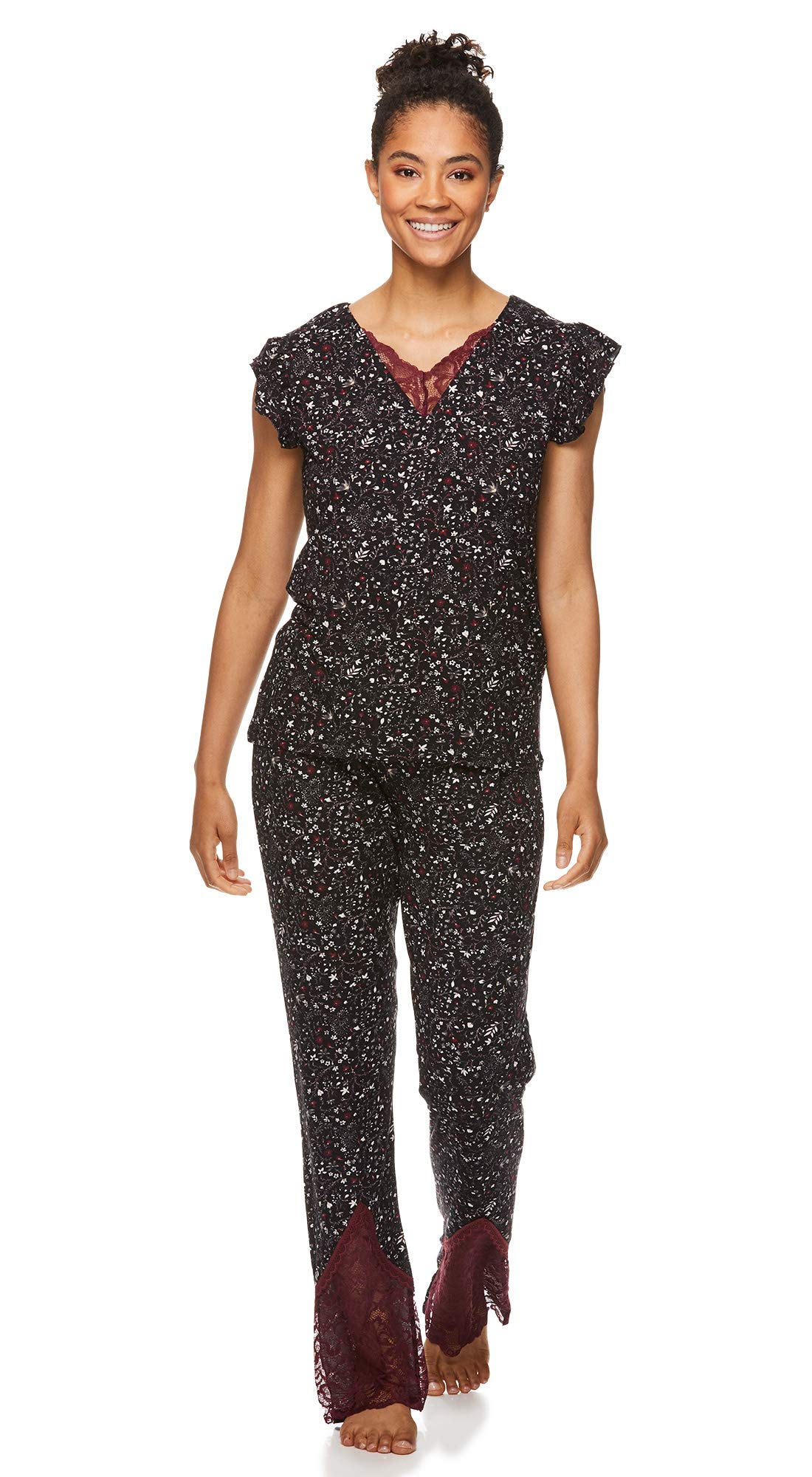 Nanette Lepore Women's Lace Trim Pajama Set - Floral Print Top & Pants Lounge Wear for Sleep & Relaxation - Cozy Nightwear for Women