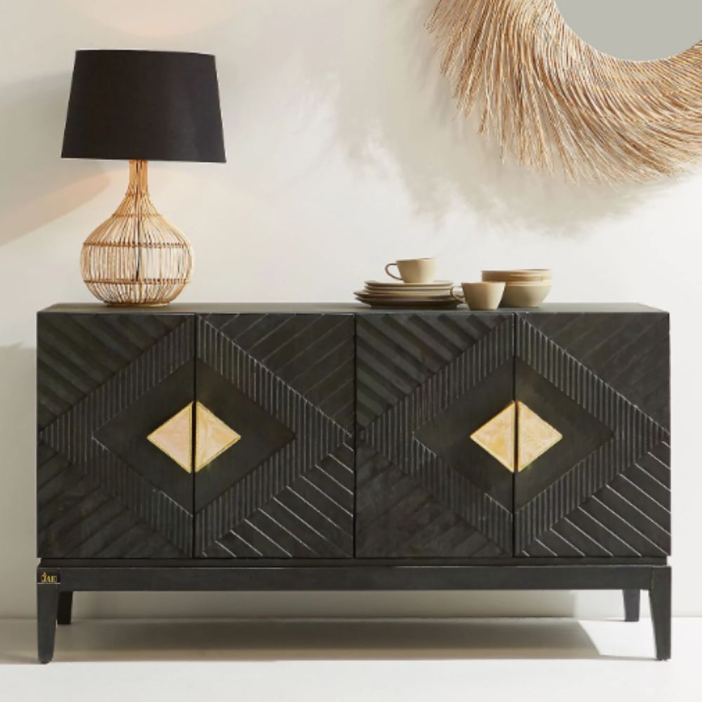 Golden Dragon Solid Mango Wood Modern Designer 2-Door Sideboard in Black - Stylish Storage Cabinet for Living Room, Dining Room & Entryway