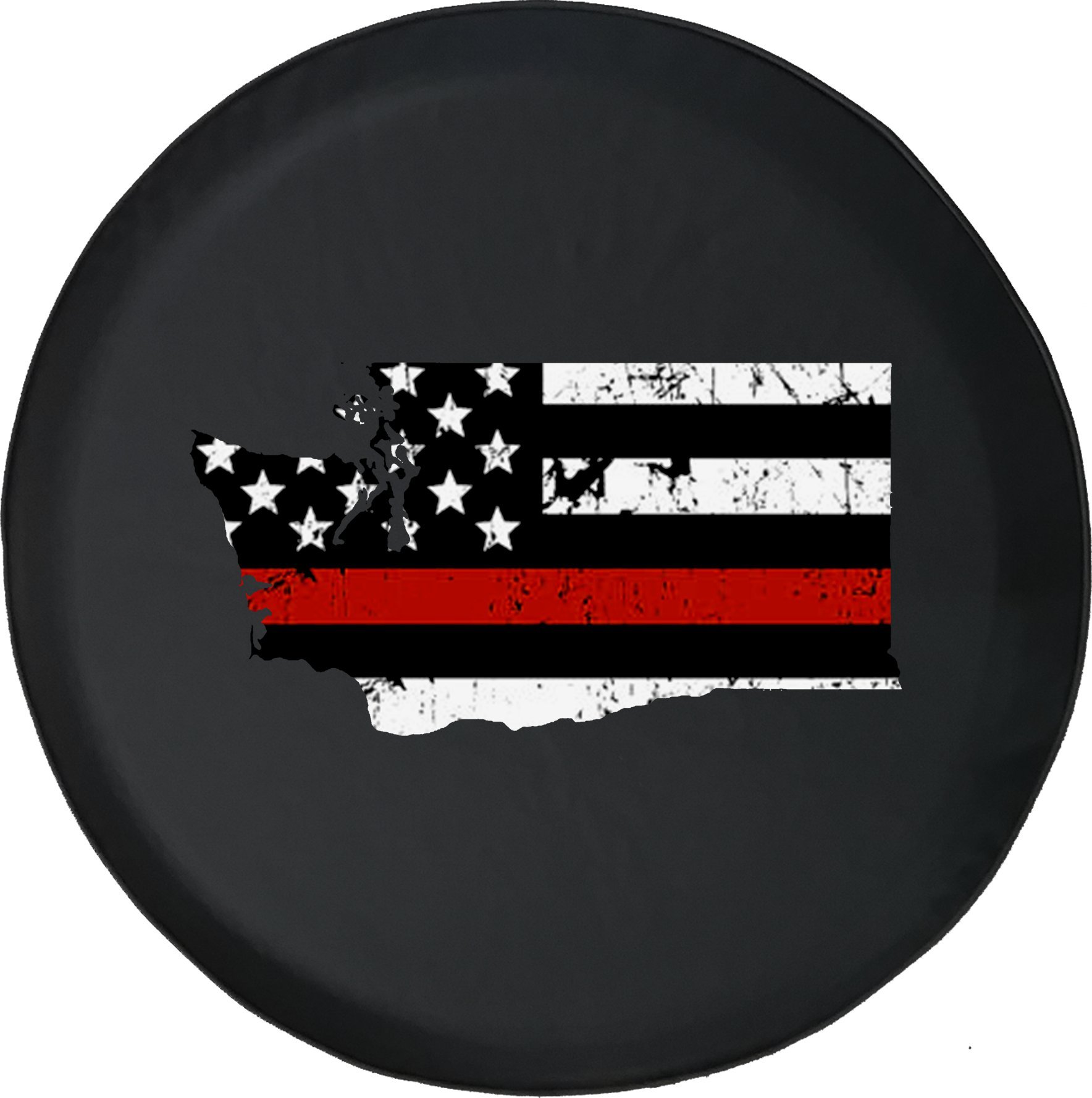 29 Inch Thin Red Line Distressed American Flag Car Tire Cover - Durable Caps Supply for Washington State - Perfect for Trucks, SUVs & RVs (Patriotic Vehicle Accessory)