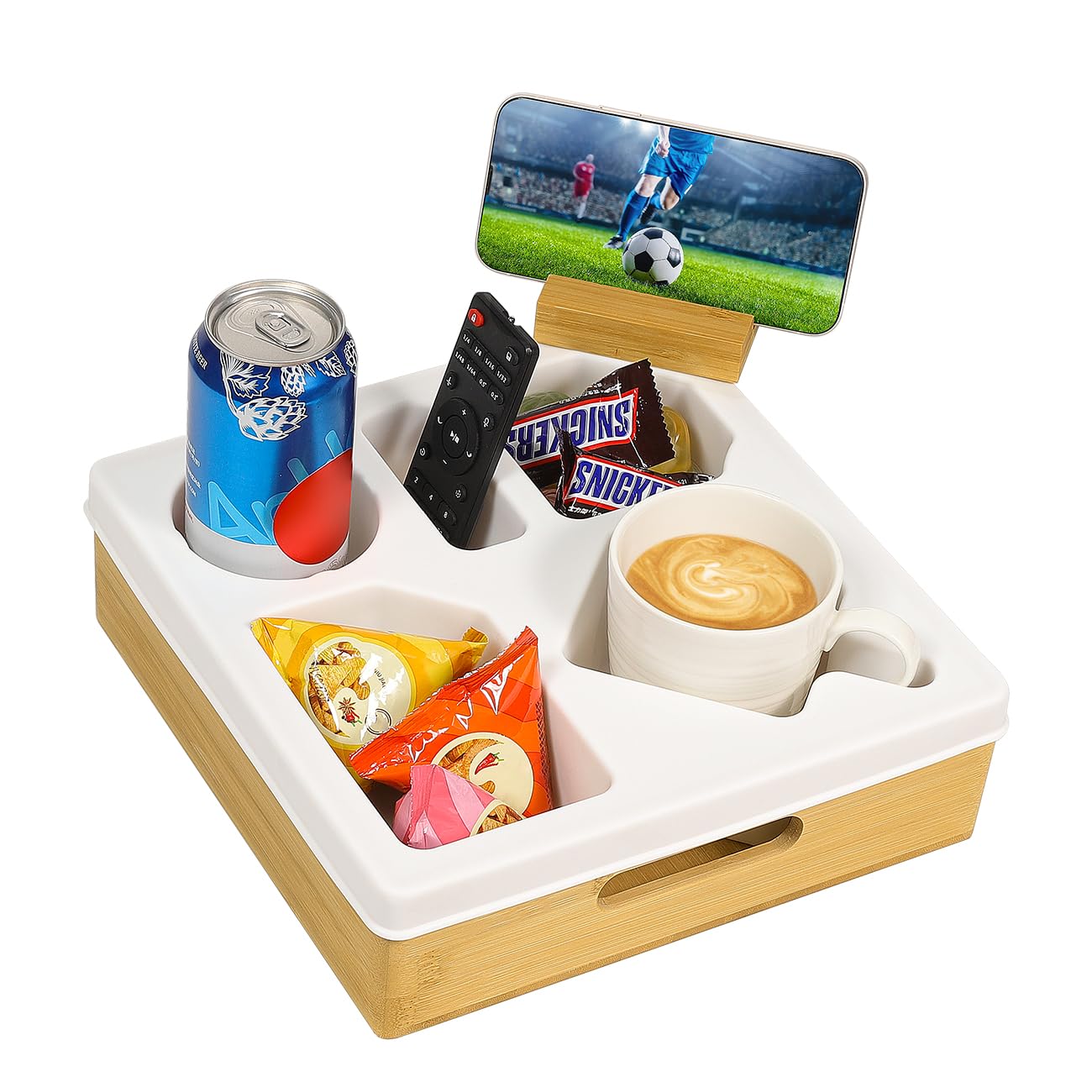 Rotatable Couch Cup Holder Tray with Phone Stand - Waterproof Sofa Organizer for Beverages, Snacks & Remote Control - Perfect for Living Room, Bedroom & Home Theater (White)