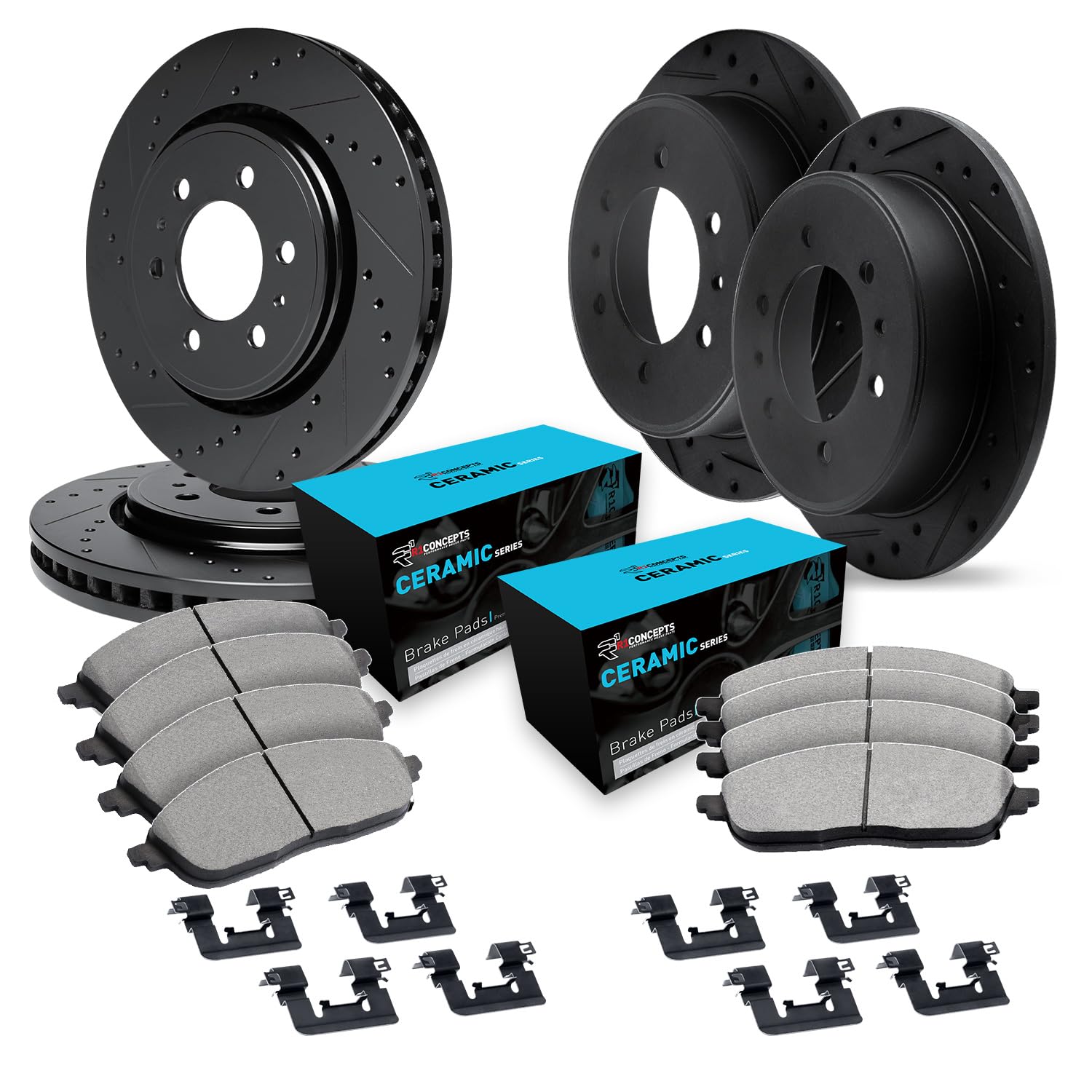R1 Concepts Premium Ceramic Brake Pads and Rotors Kit - Front & Rear Brake System with Hardware - Fits 2009-2010 Kia Borrego - Smooth Stopping Power for City Driving & Highway Safety