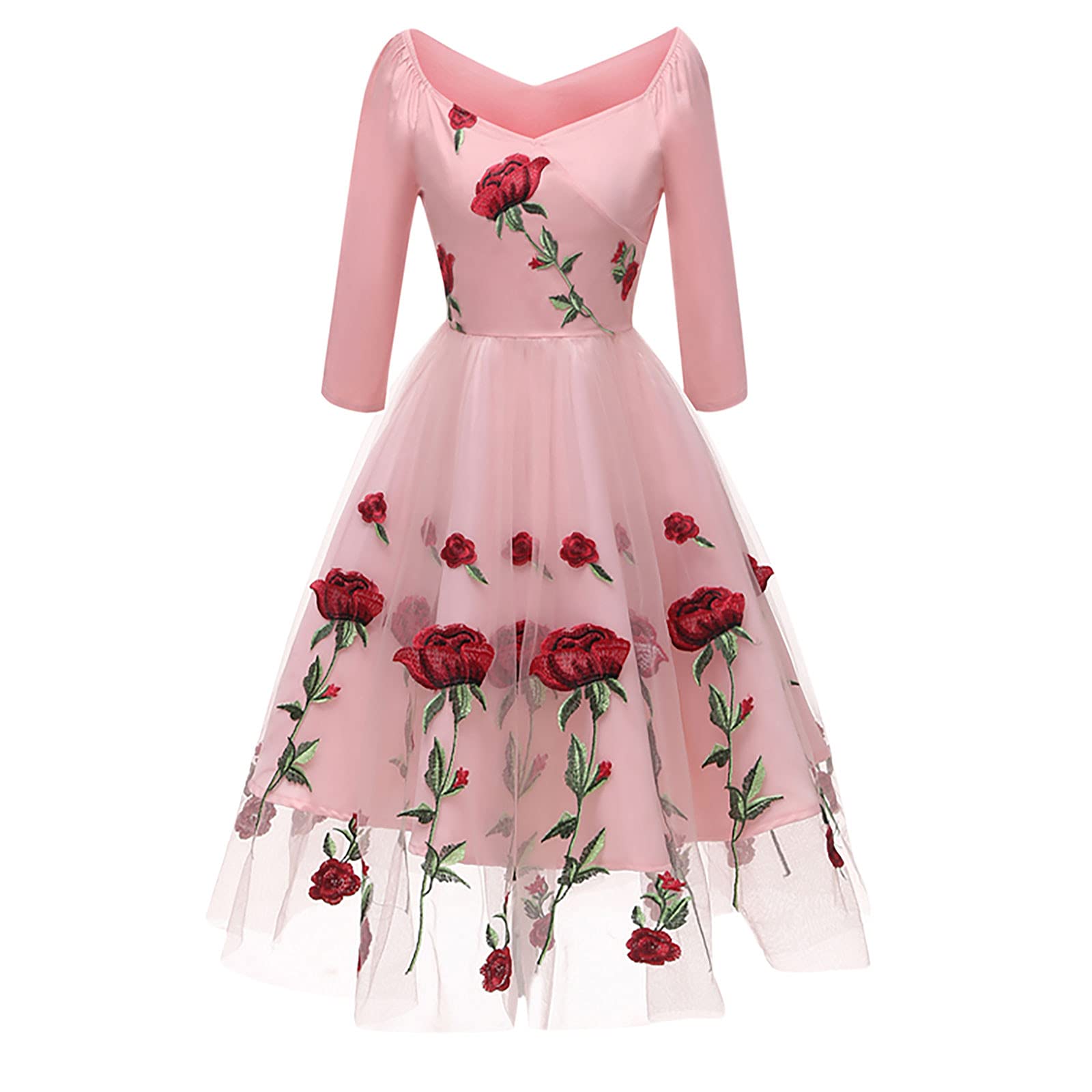 Vintage 1950s Floral Embroidered Cocktail Dress for Women - 3/4 Sleeve Formal Maxi Dress for Wedding Guest, Party & Special Occasions | Elegant Evening Gown for Prom, Gala & Holiday Events