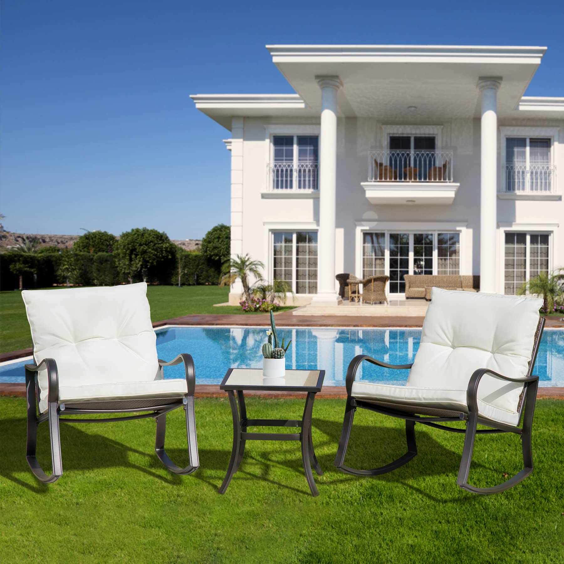 Domi 3-Piece Outdoor Bistro Set with Wicker Rocking Chairs, Curved Armrests & Glass Top Coffee Table - Beige Cushion Included | Perfect for Patio, Garden, Poolside & Backyard Relaxation