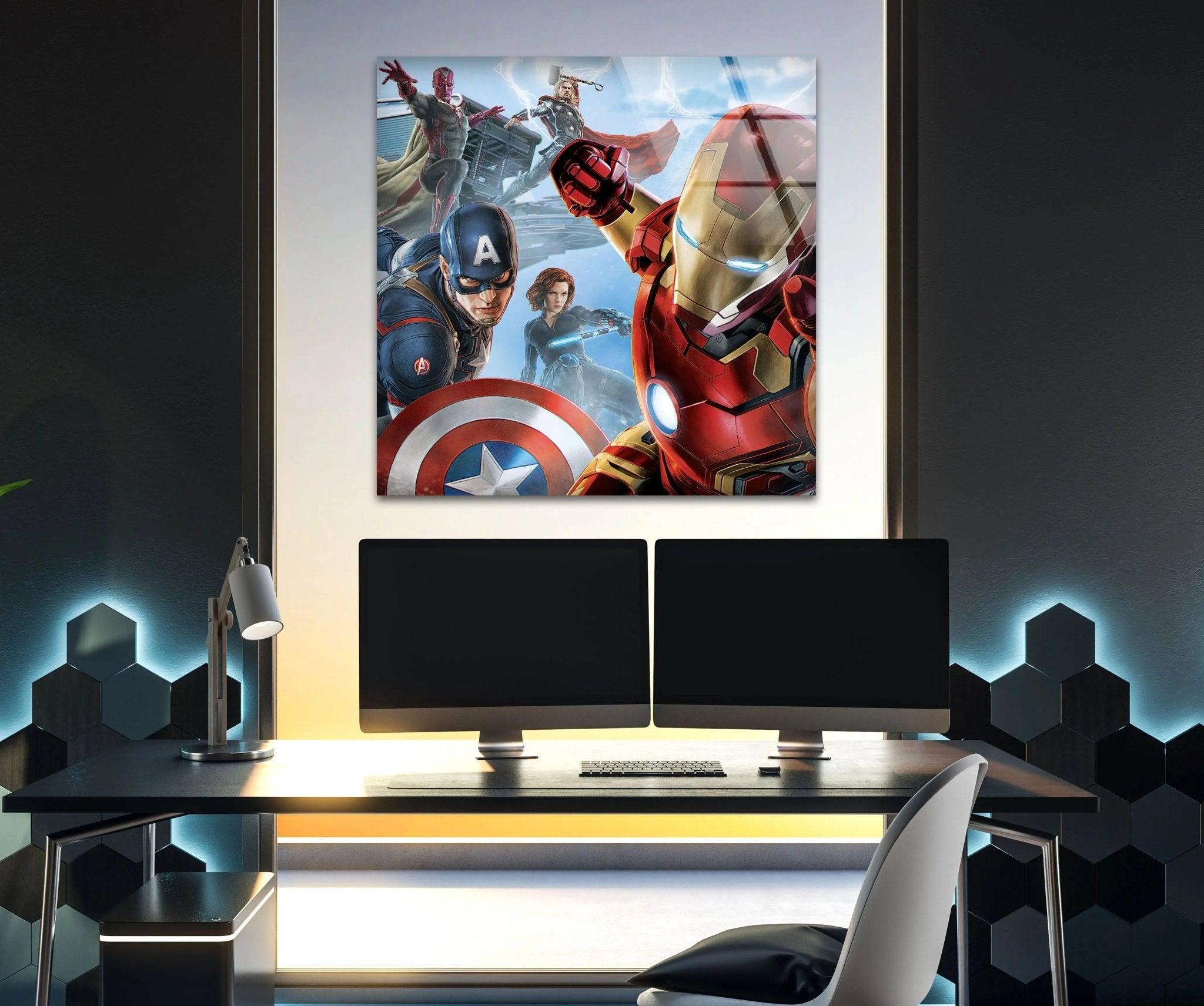 Marvel Avengers Superhero Glass Wall Art - Iron Man, Captain America, Hulk & Thor - Perfect for Home, Office & Game Room Decor