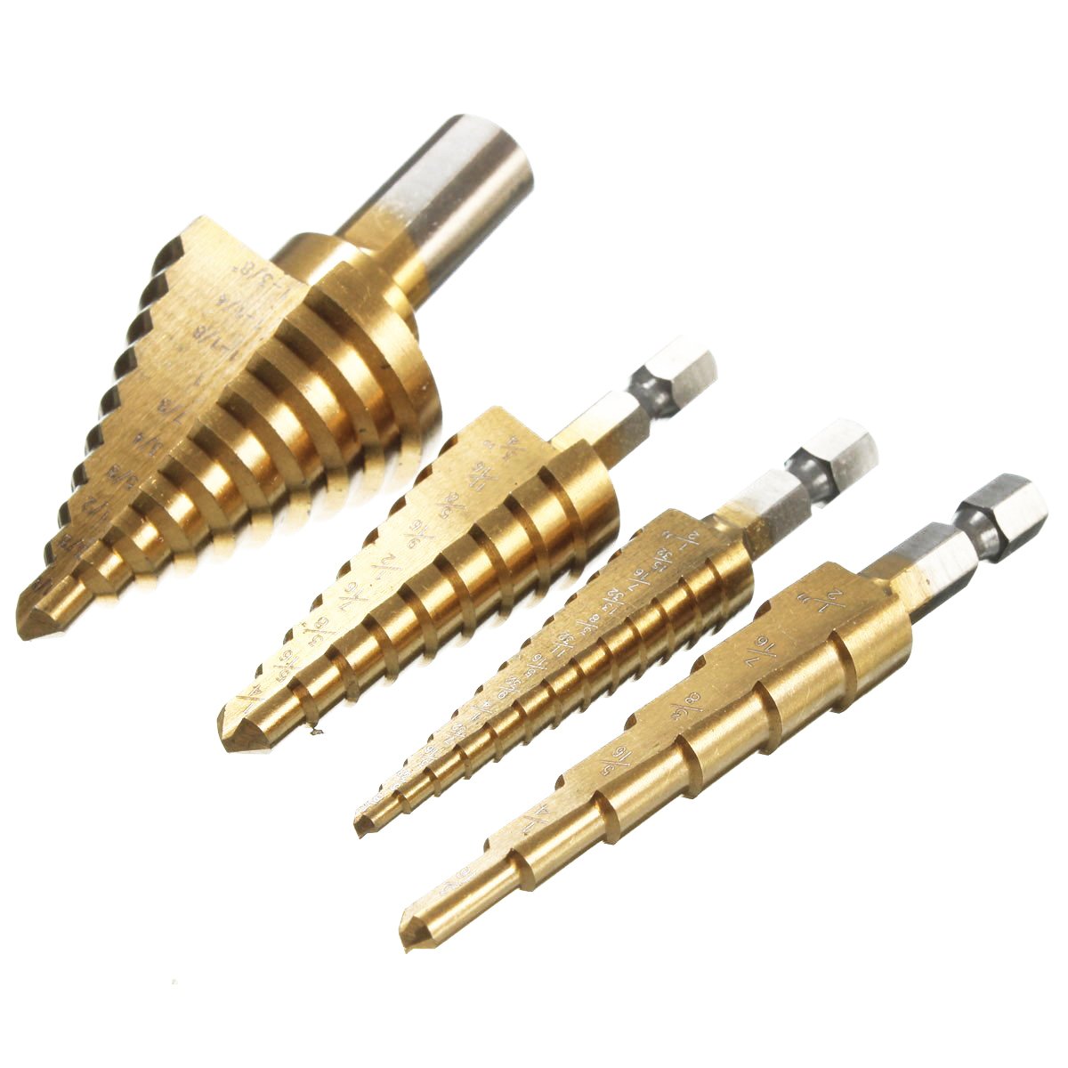 4-Piece HSS Titanium Coated Step Drill Bit Set for Wood, Metal & Hard Materials - High Speed Steel Hole Drilling Tool Kit for DIY Projects, Home Improvement & Professional Use