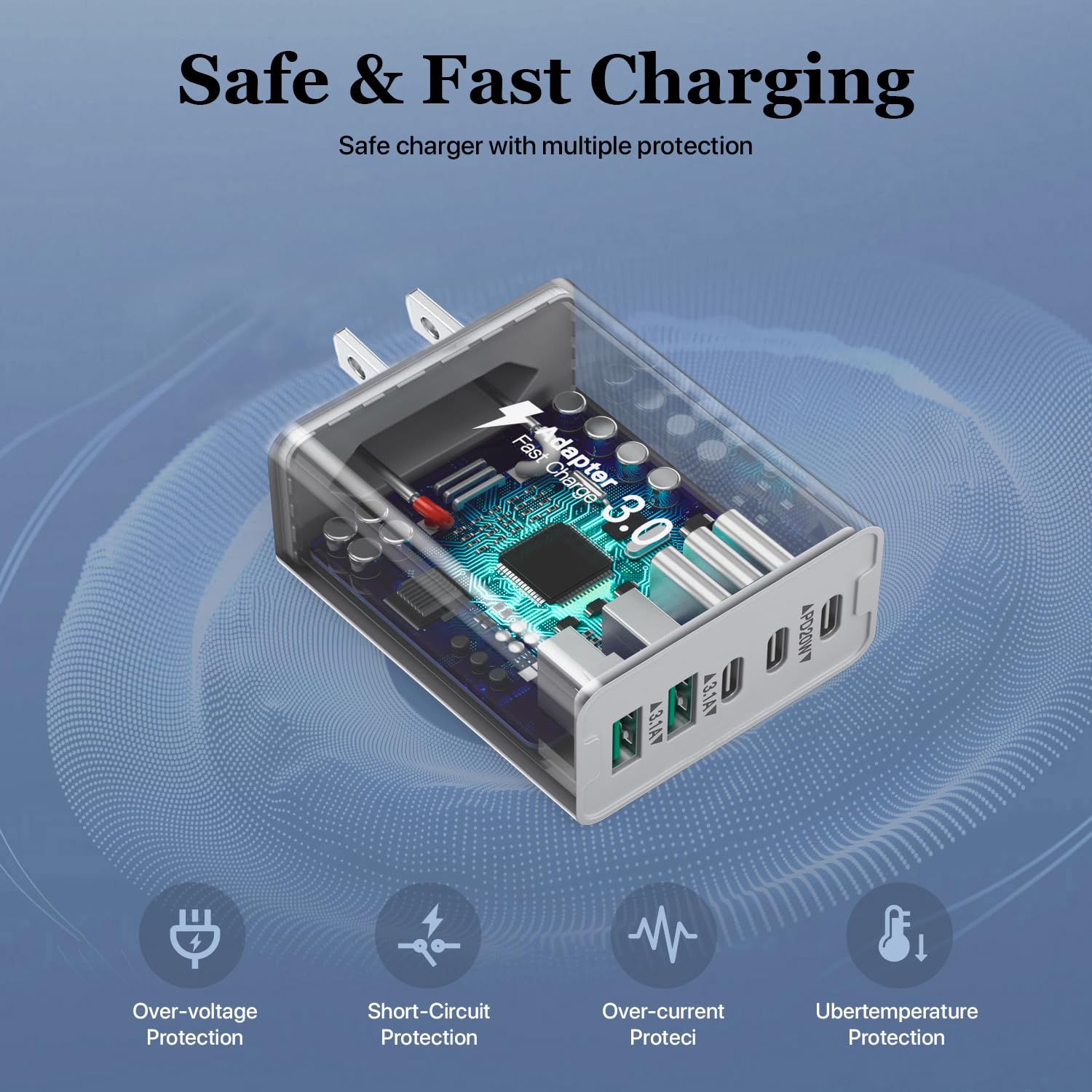 50W 5-Port USB C Wall Charger Fast Charging Block - 3 USB C + 2 QC Ports - PD Fast Charger for iPhone 12/13/14/15, Samsung S23/S22/S21, Tablets - Perfect for Home, Office & Travel Charging Multiple Devices Simultaneously