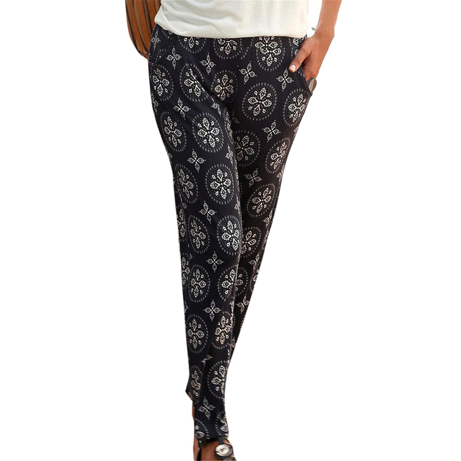 Boho Beach Women's High Waist Pants with Pockets - Floral Print Long Trousers for Business Casual & Vacation Wear - Perfect for Office, Travel and Summer Outfits