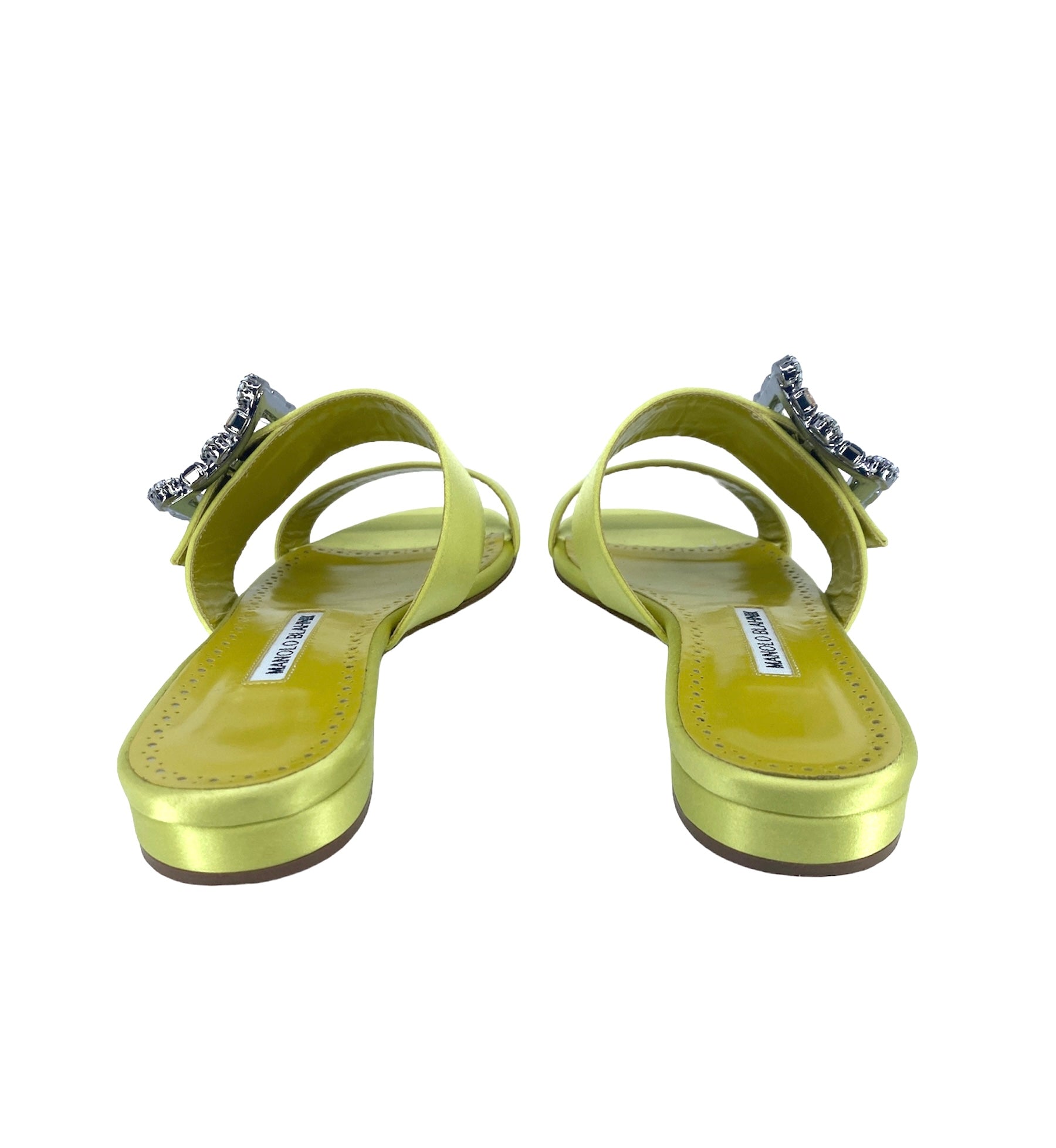 Manolo Blahnik Verda Crystal Buckle Flat Sandals - Women's Size 38.5 (US 8.5) Green Leather Summer Shoes | Elegant Comfort for Weddings, Parties & Beach Vacations