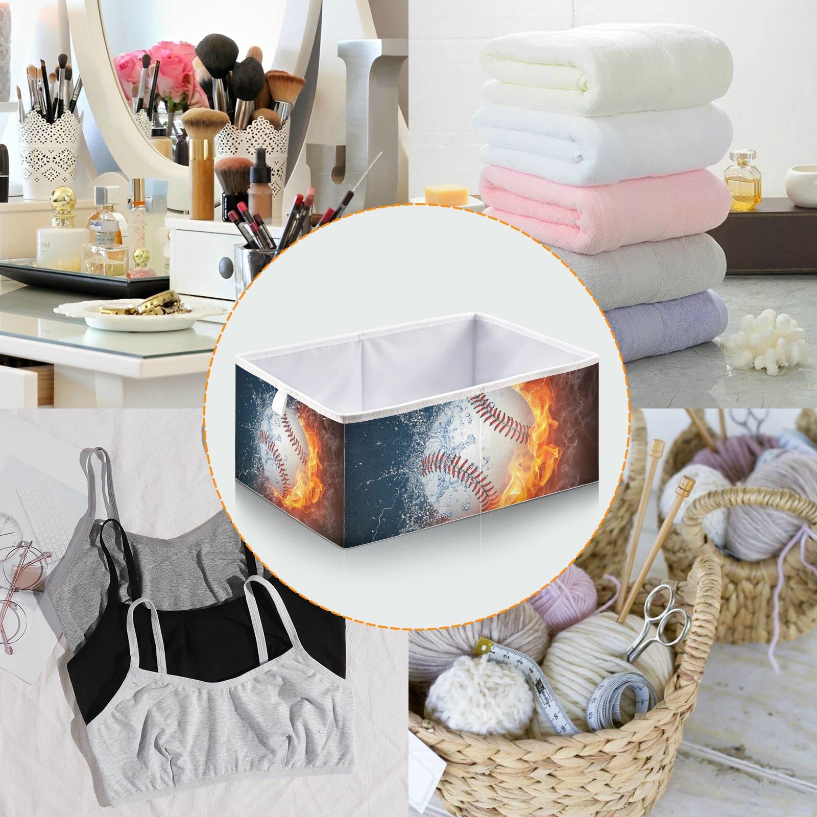 Collapsible Square Storage Basket for Baseball, Fire, Water - Nursery, Towel, Makeup Organizer - Perfect for Closet, Bathroom, Bedroom & Home Organization
