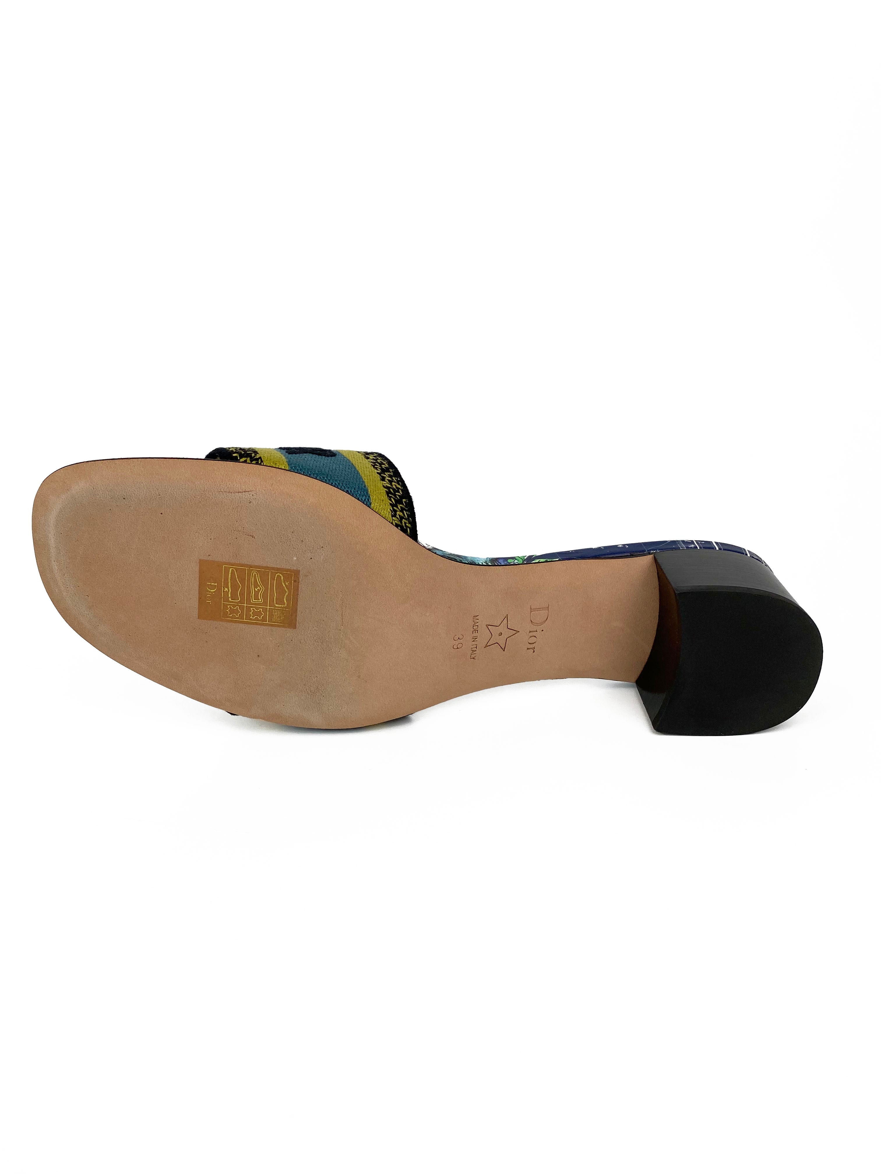 Dior Blue & Green Dway Heeled Slides Size 39 | Luxury Designer Sandals for Women | Perfect for Summer Outings, Beach Vacations & Special Occasions