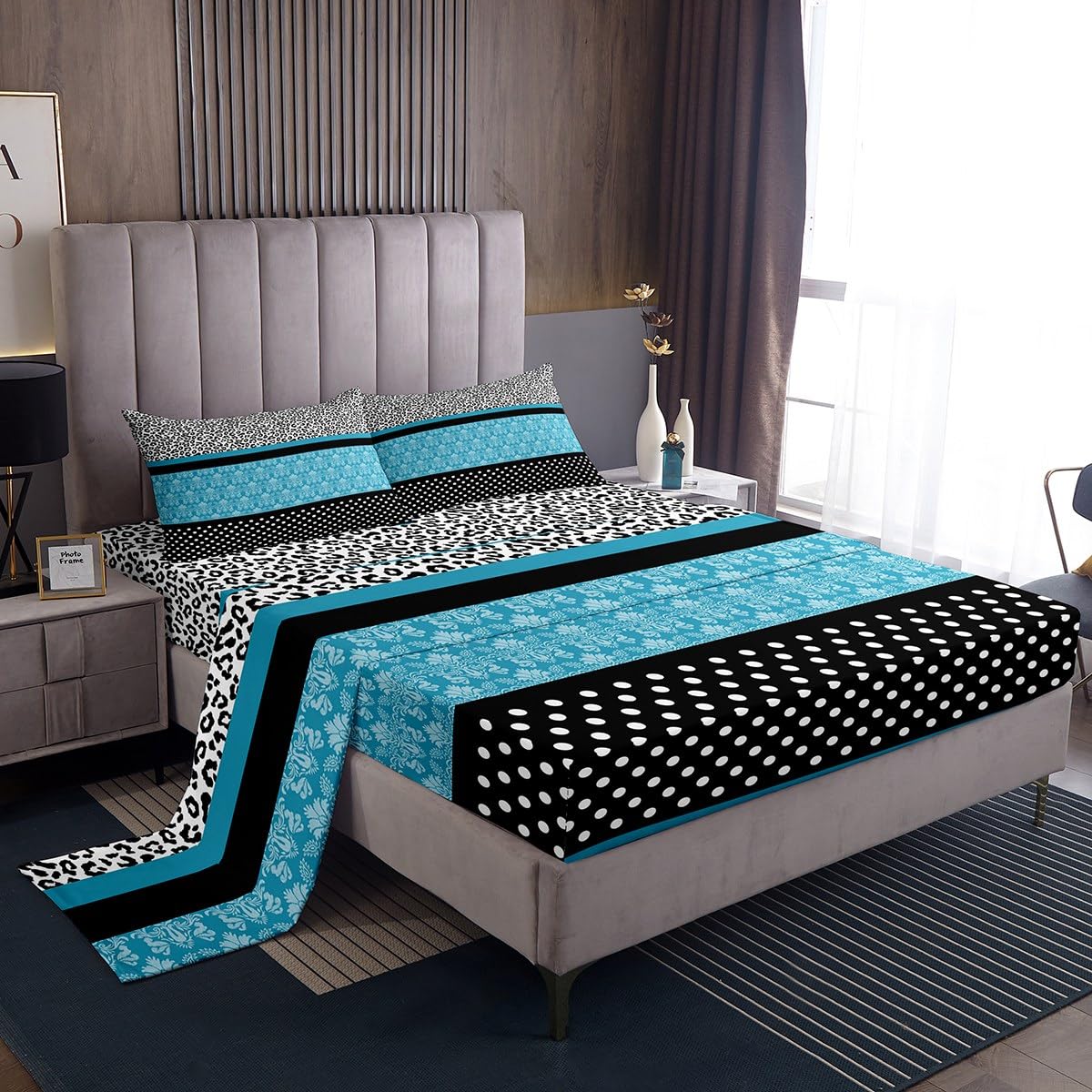 Leopard Print Bed Sheet Set Full - Teal Boho Paisley Cheetah Bedding with Black & White Polk Dots | 4-Piece Animal Print Sheet Set for Kids, Girls & Teens | Bohemian Floral Wildlife Fitted & Flat Sheets | Perfect for Teen Bedrooms, Dorm Decor & Boho Chic Home Styling