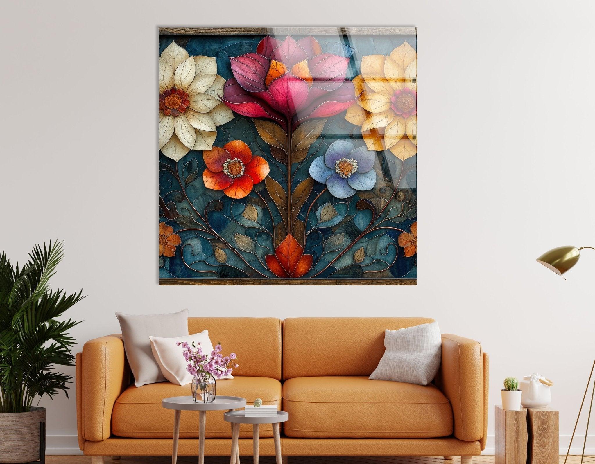 Art Nouveau Flowers Glass Wall Art - Handmade Stained Glass Decor for Home & Office - Perfect for Living Room, Bedroom, or Gift